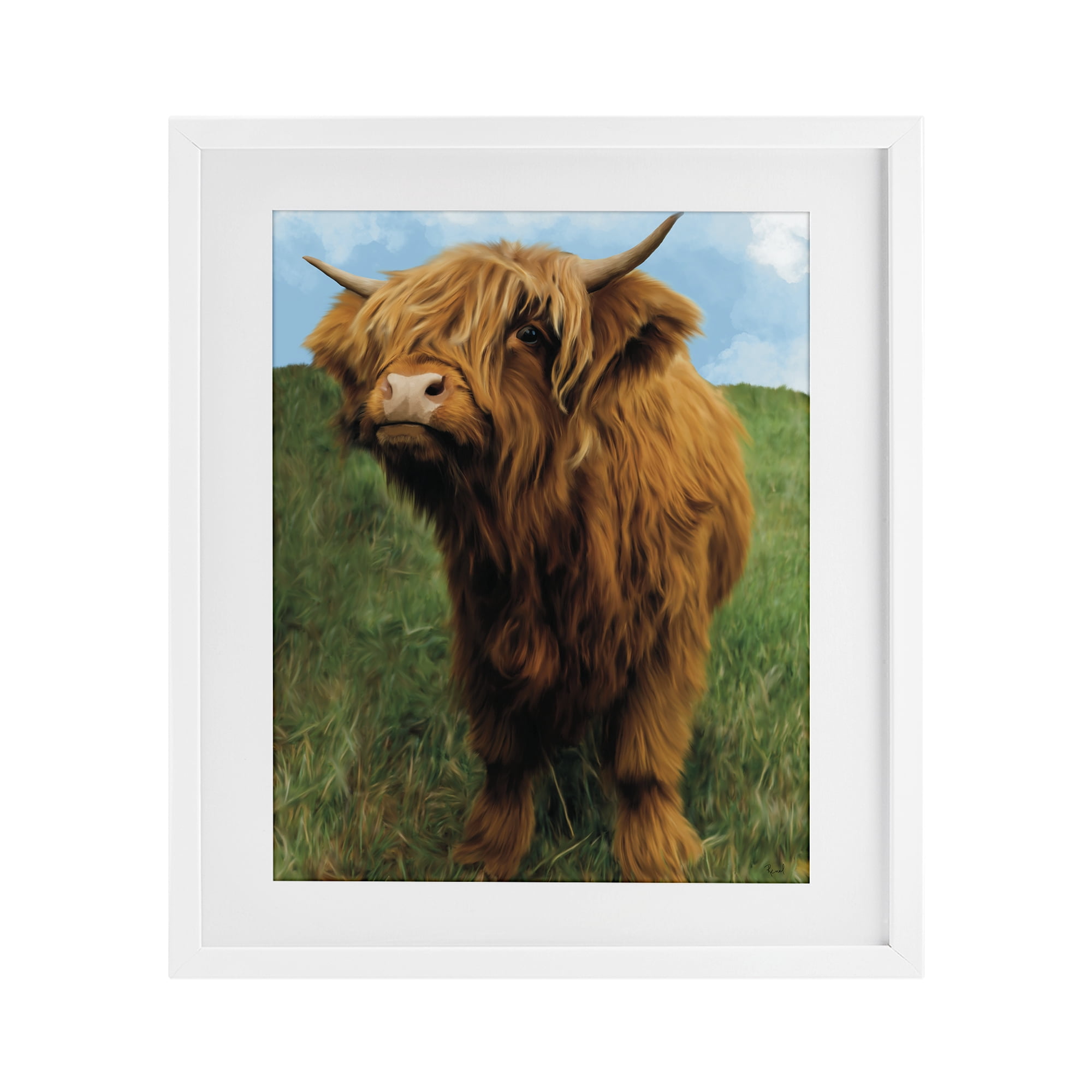 Stupell Industries Mini Highland Cow Calf White Framed Print Under Glass, design by Renel Peters