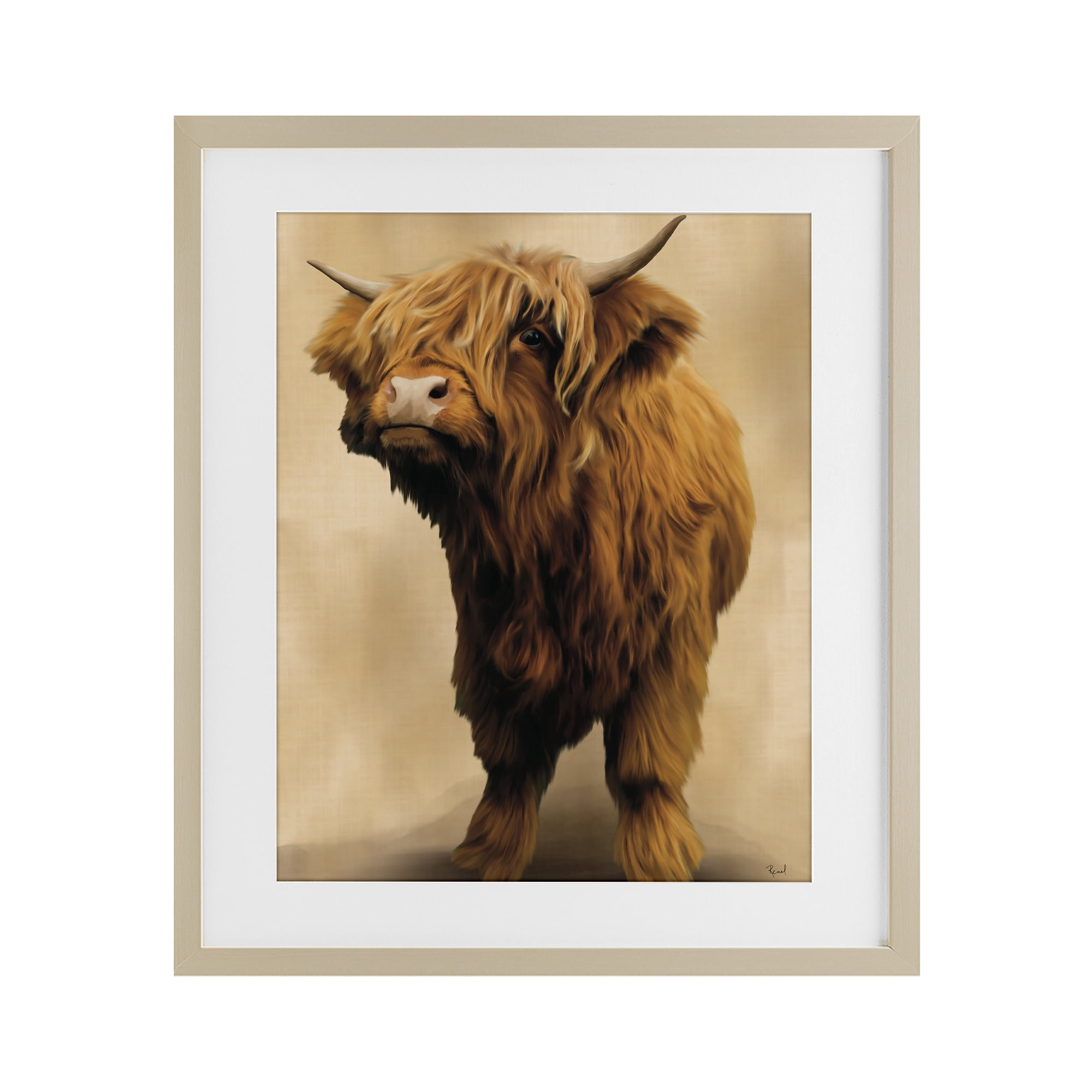 Stupell Industries Mini Highland Cow on Neutrals Birch Framed Print Under Glass, design by Renel Peters