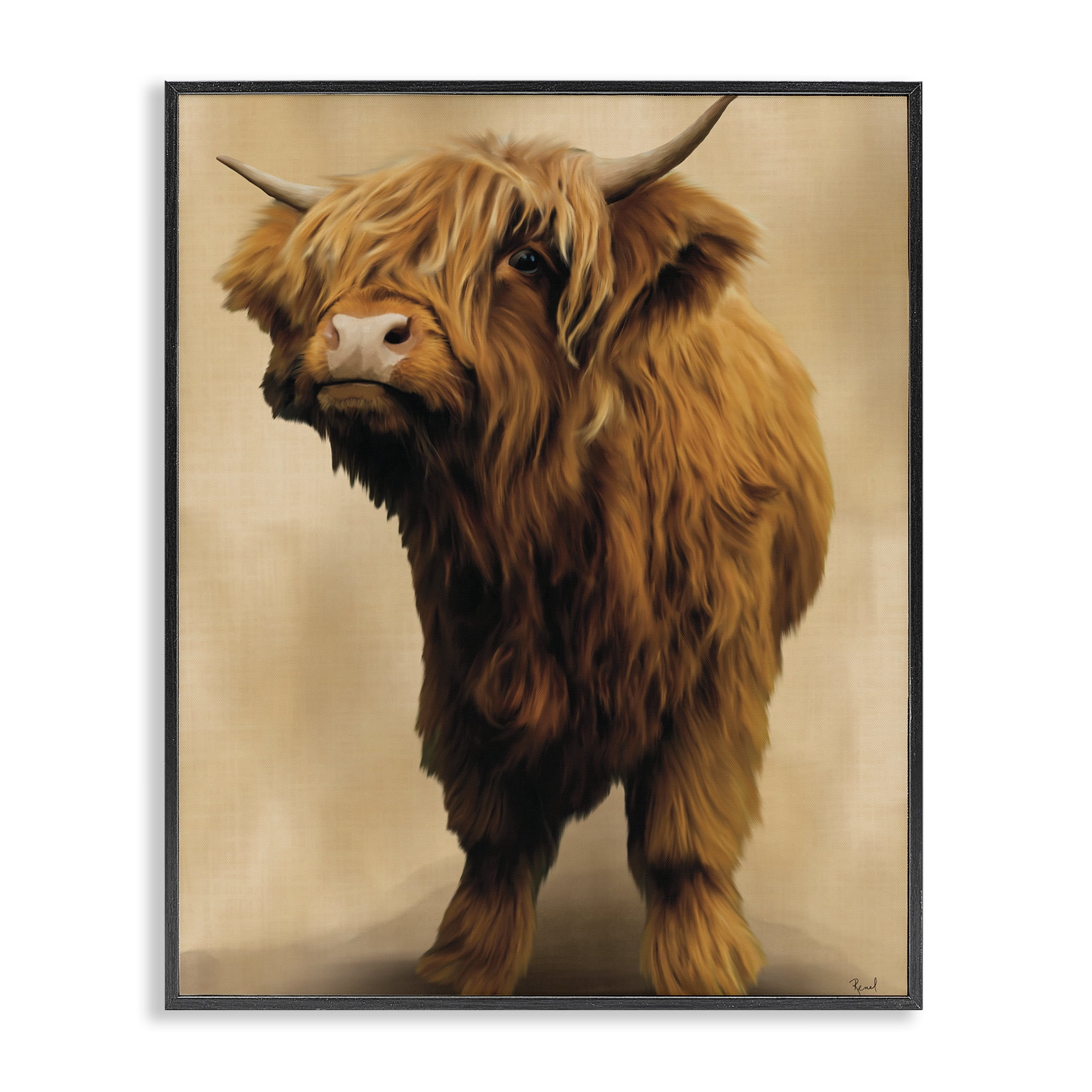 Stupell Industries Mini Highland Cow on Neutrals Black Framed Giclee Art, design by Renel Peters