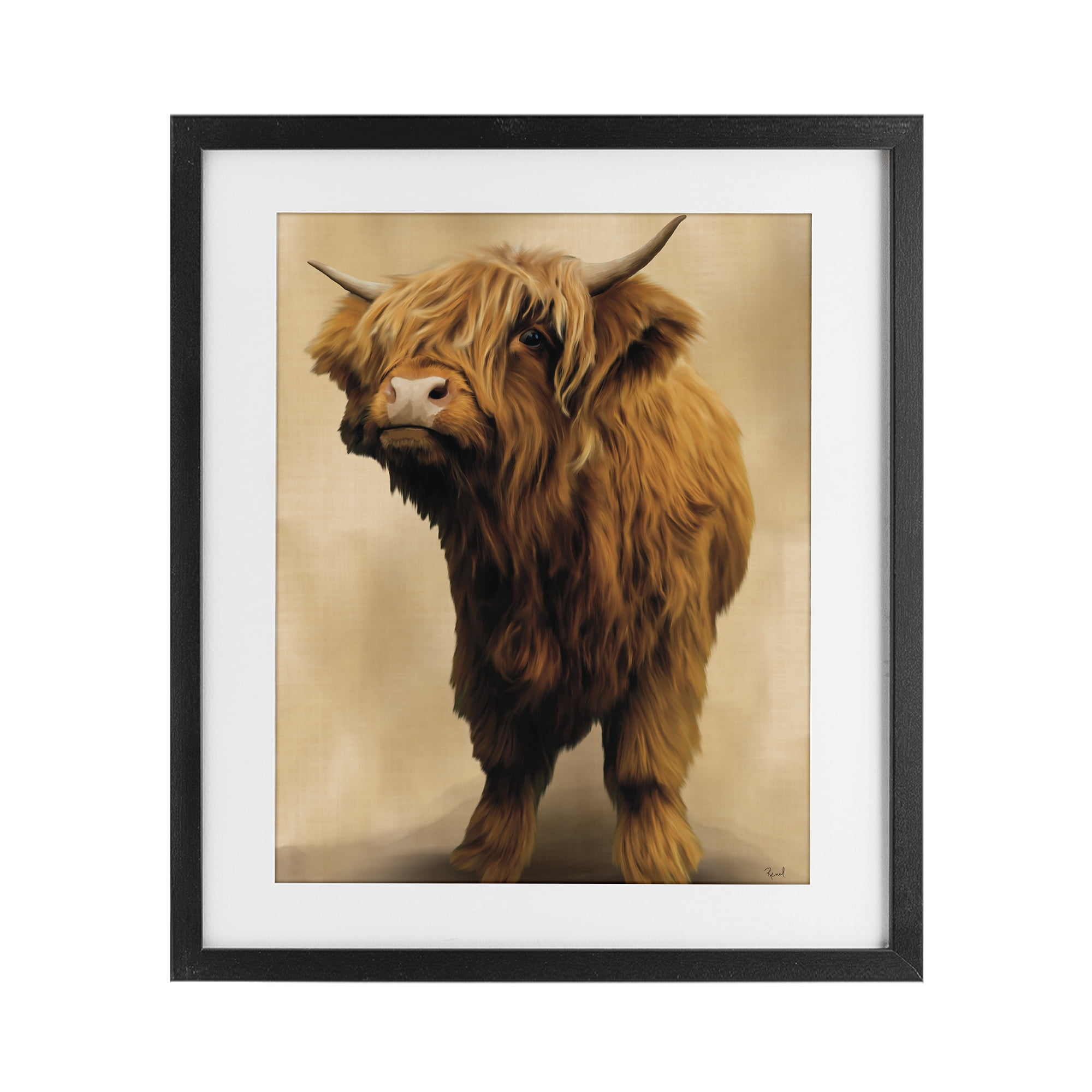 Stupell Industries Mini Highland Cow on Neutrals Black Framed Print Under Glass, design by Renel Peters