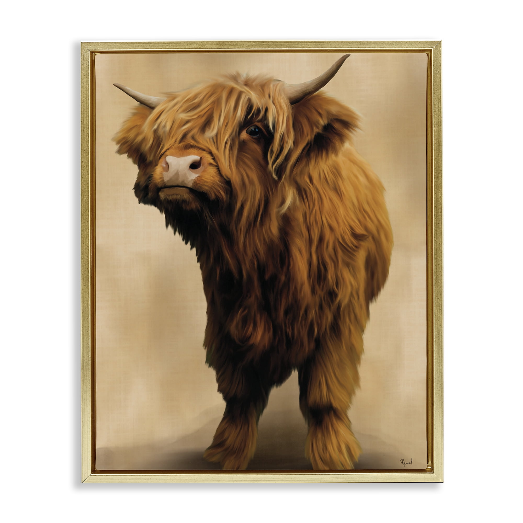 Stupell Industries Mini Highland Cow on Neutrals Gold Framed Floater Canvas Wall Art, design by Renel Peters