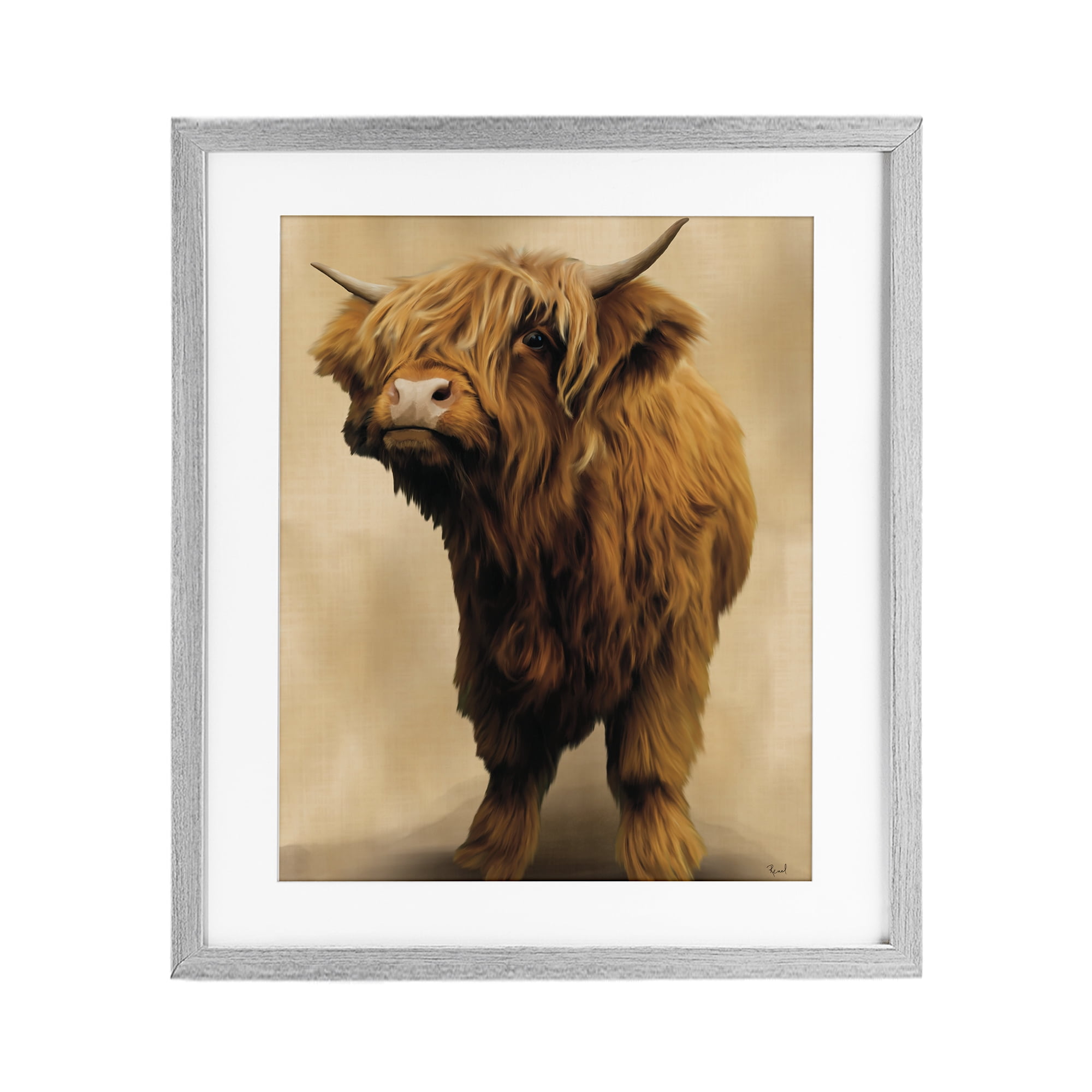 Stupell Industries Mini Highland Cow on Neutrals Gray Framed Print Under Glass, design by Renel Peters