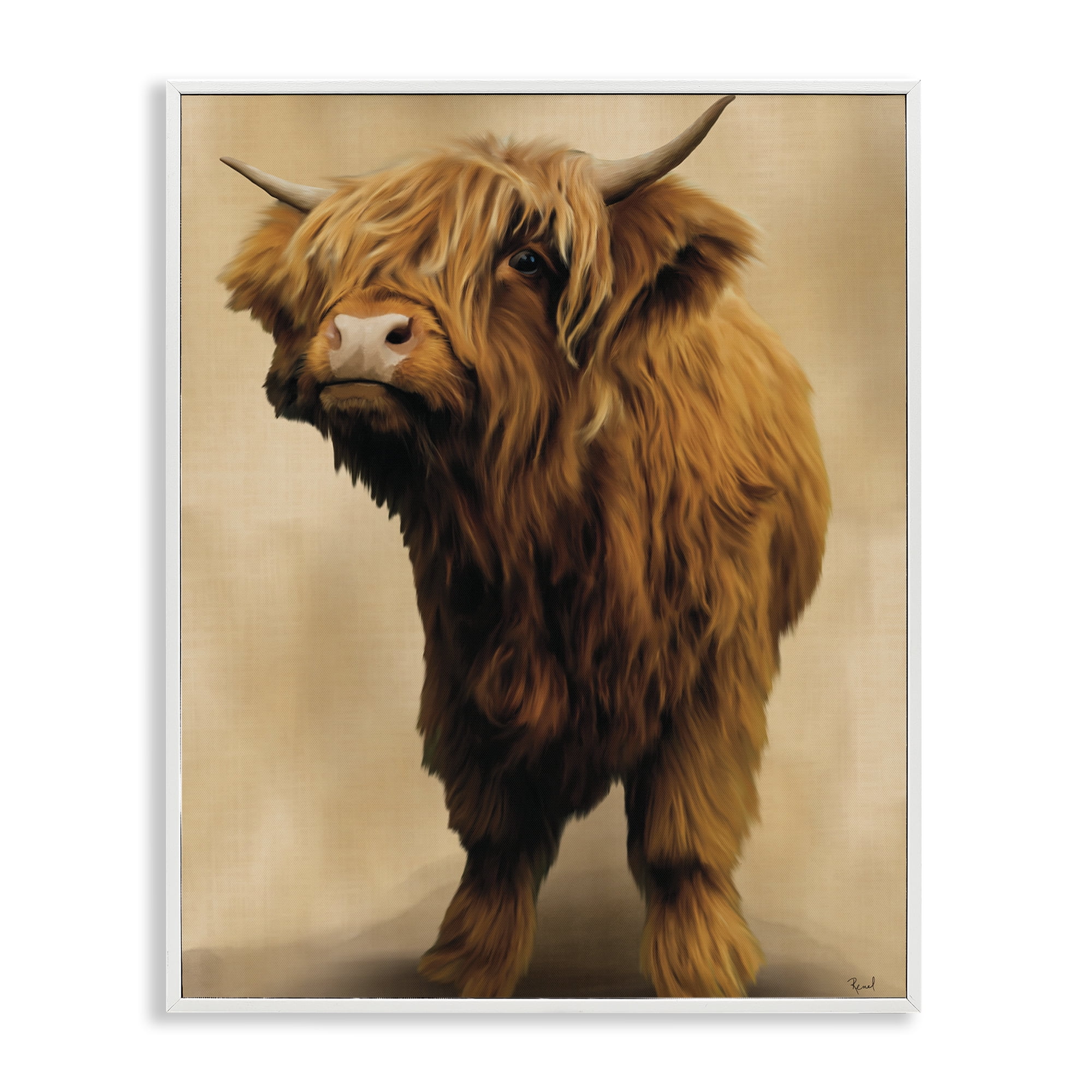 Stupell Industries Mini Highland Cow on Neutrals White Framed Giclee Art, design by Renel Peters