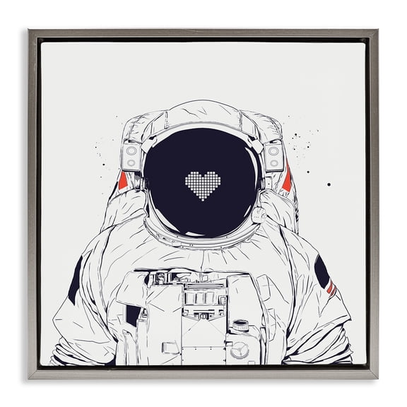 Stupell Industries Minimal Astronaut with Heart Outer Space Painting Gray Floater Framed Canvas Art Print Wall Art, 18 x 18