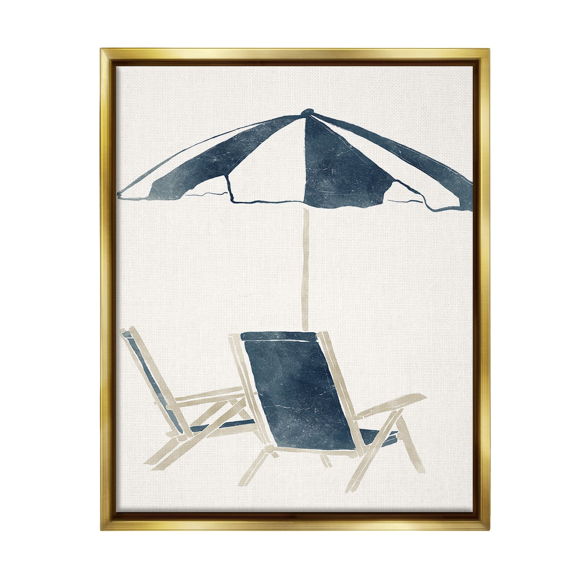 Stupell Industries Minimal Beach Umbrella & Chairs Nature Painting Gold Floater Framed Canvas Art Print Wall Art, 25 x 31