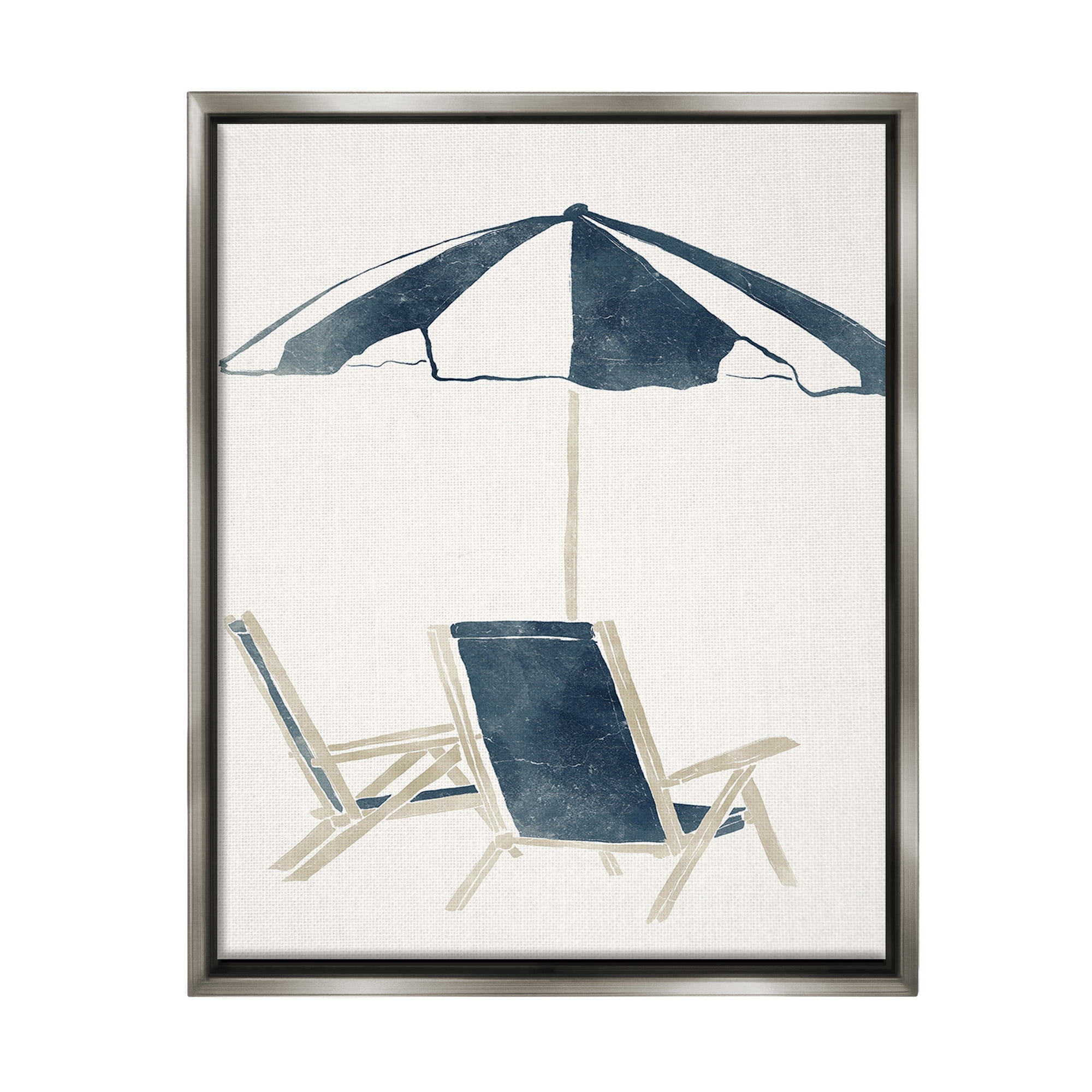 Stupell Industries Minimal Beach Umbrella & Chairs Nature Painting Gray Floater Framed Canvas Art Print Wall Art, 17 x 21