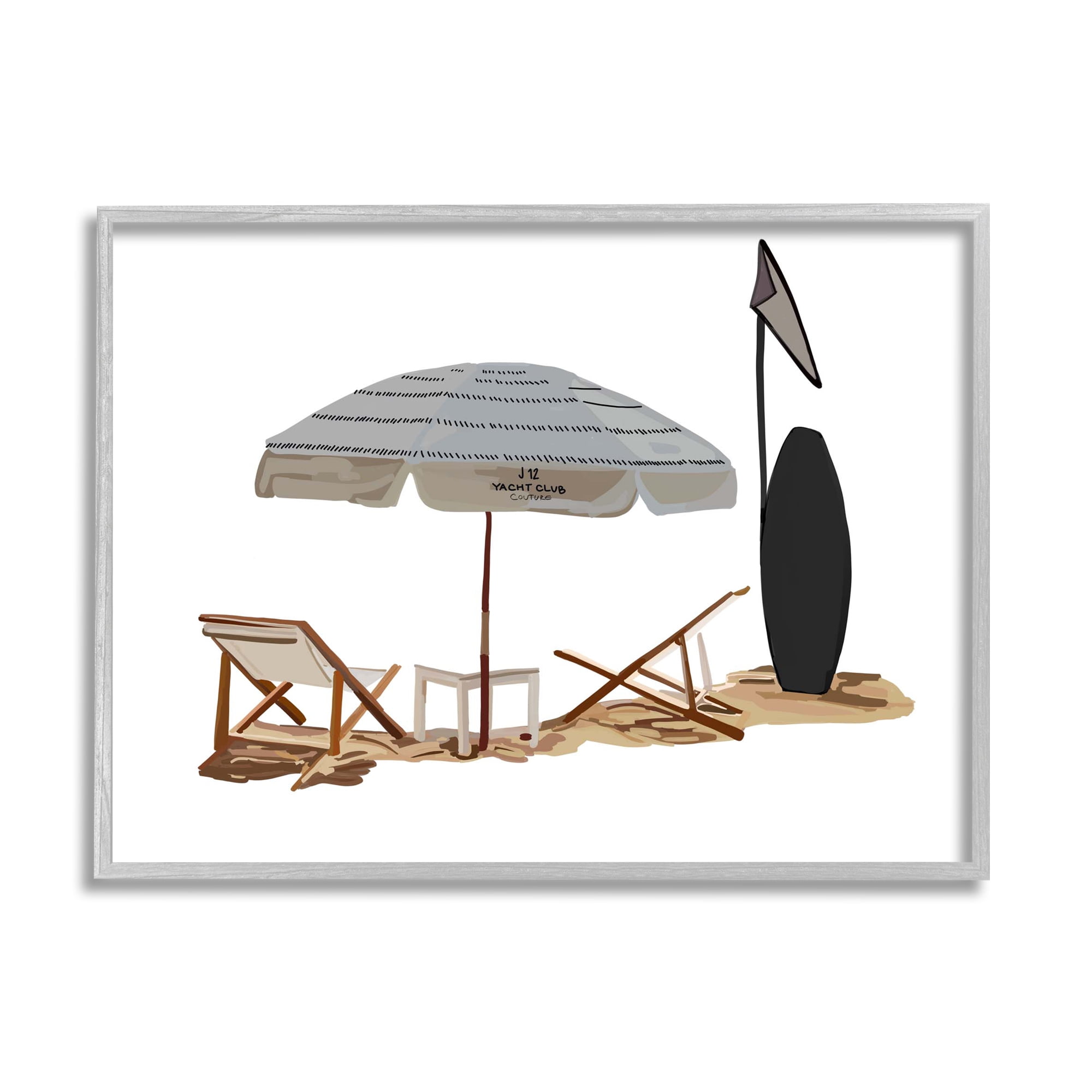 Stupell Industries Minimal Beach Umbrella Scene Nature Painting Gray Framed Art Print Wall Art, 30 x 24