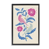 Stupell Industries Minimal Bird Couple on Leaves Floral Painting Black Floater Framed Canvas Art Print Wall Art, 17 x 25