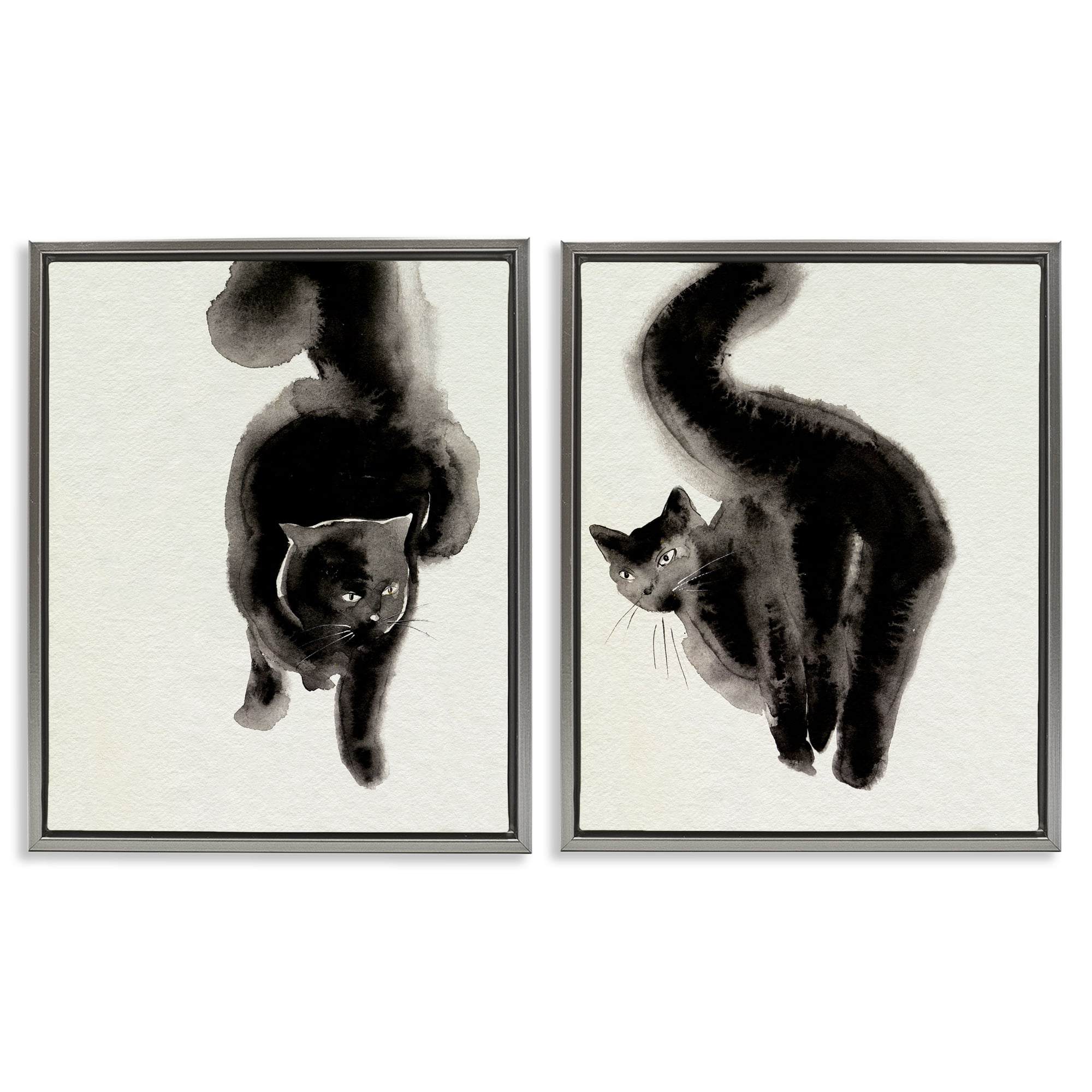 Stupell Industries Minimal Black Cats Animals Painting Gray Floater Framed Canvas Art Print Wall Art, 17 x 21, Set of 2