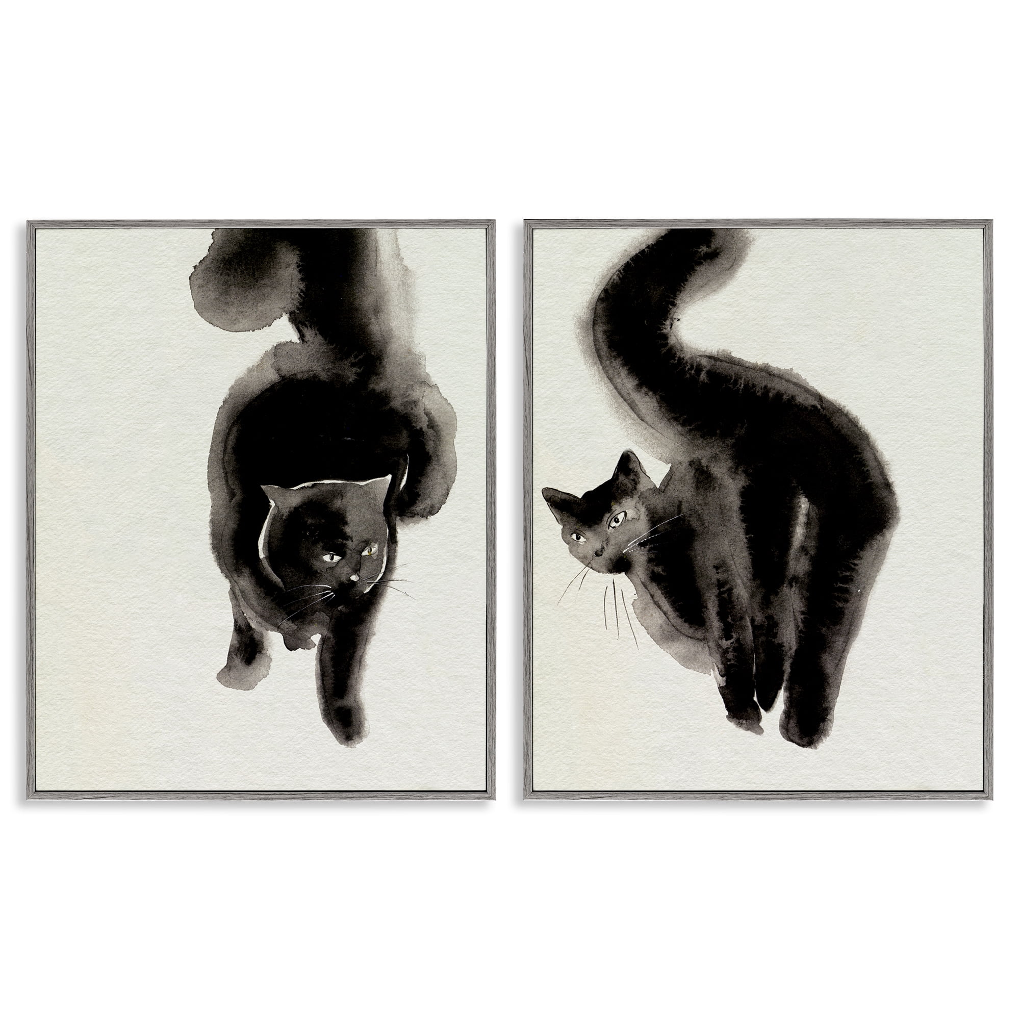 Stupell Industries Minimal Black Cats Animals Painting Gray Framed Art Print Wall Art, 16 x 20, Set of 2