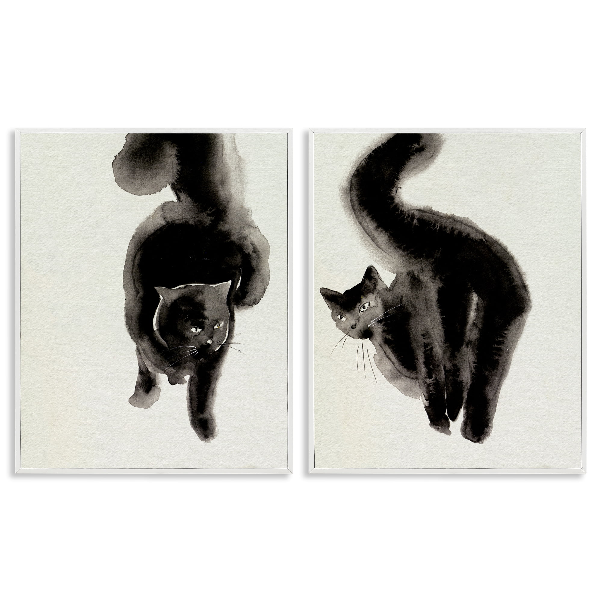 Stupell Industries Minimal Black Cats Animals Painting White Framed Art Print Wall Art, 16 x 20, Set of 2