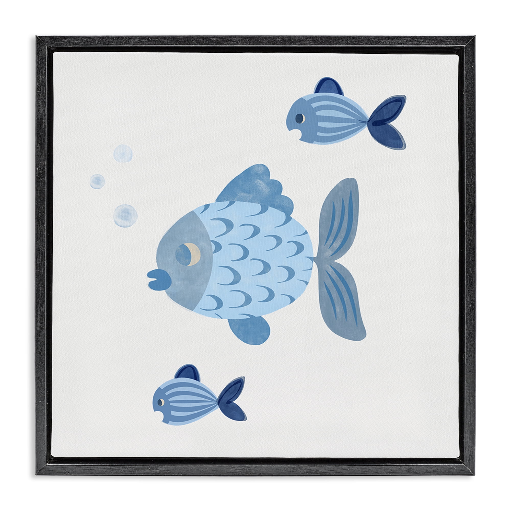 Stupell Industries Minimal Blue Fish Animals Painting Black Floater Framed Canvas Art Print Wall Art, 25 x 25
