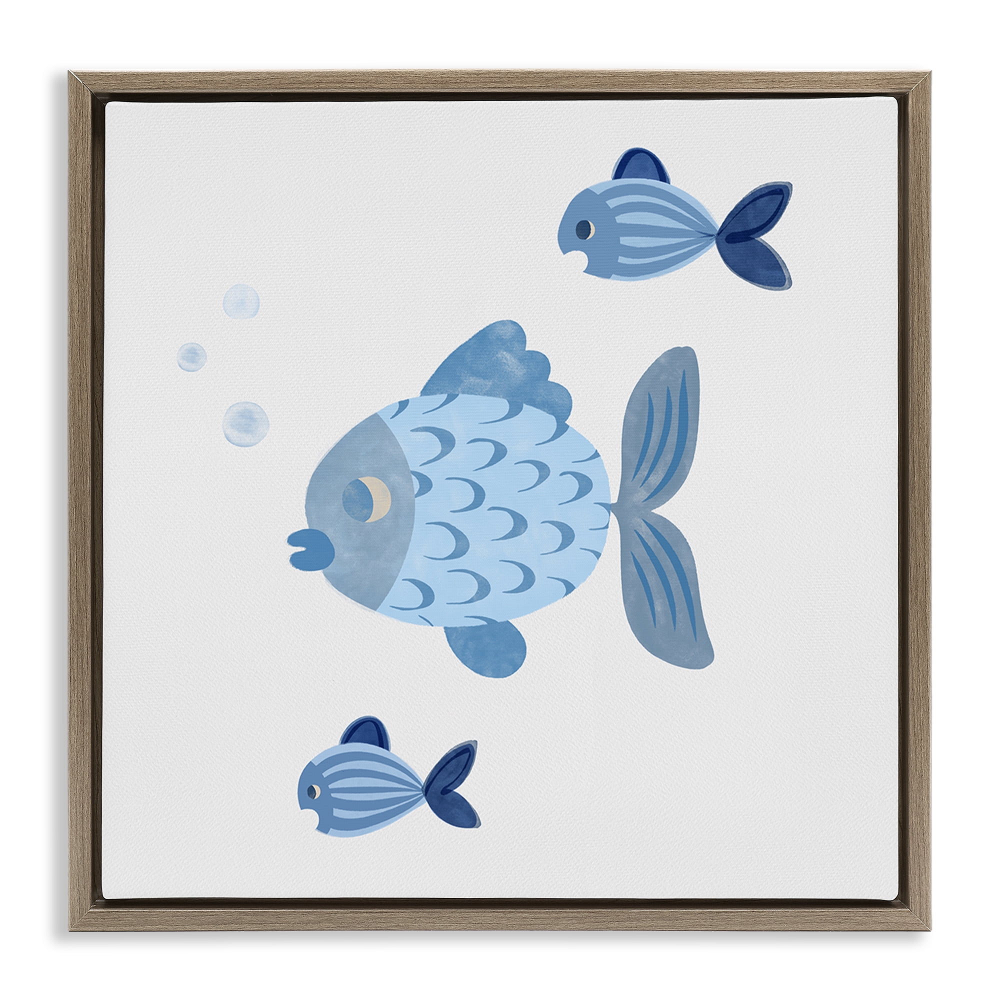 Stupell Industries Minimal Blue Fish Animals Painting Brown Floater Framed Canvas Art Print Wall Art, 25 x 25