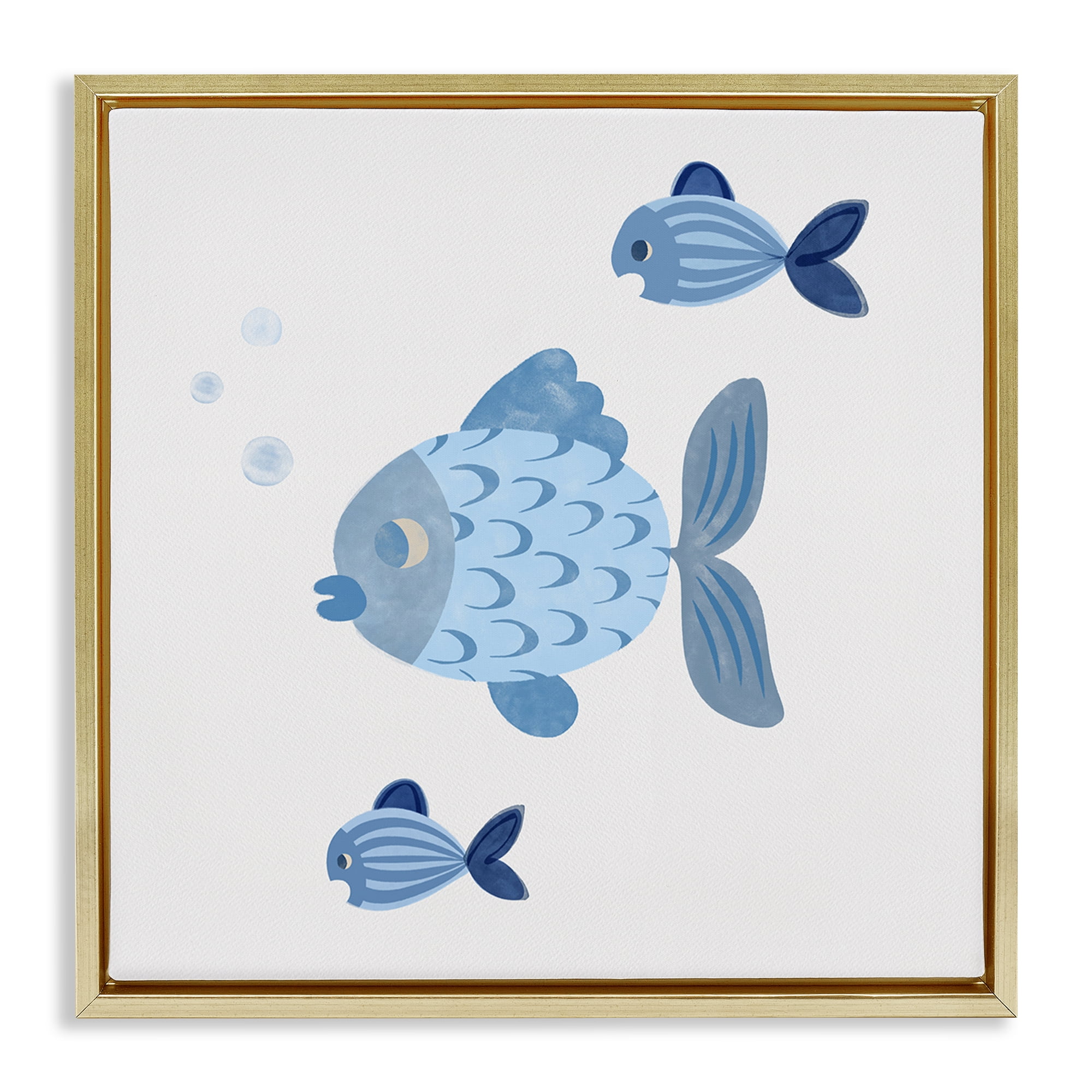 Stupell Industries Minimal Blue Fish Animals Painting Gold Floater Framed Canvas Art Print Wall Art, 25 x 25