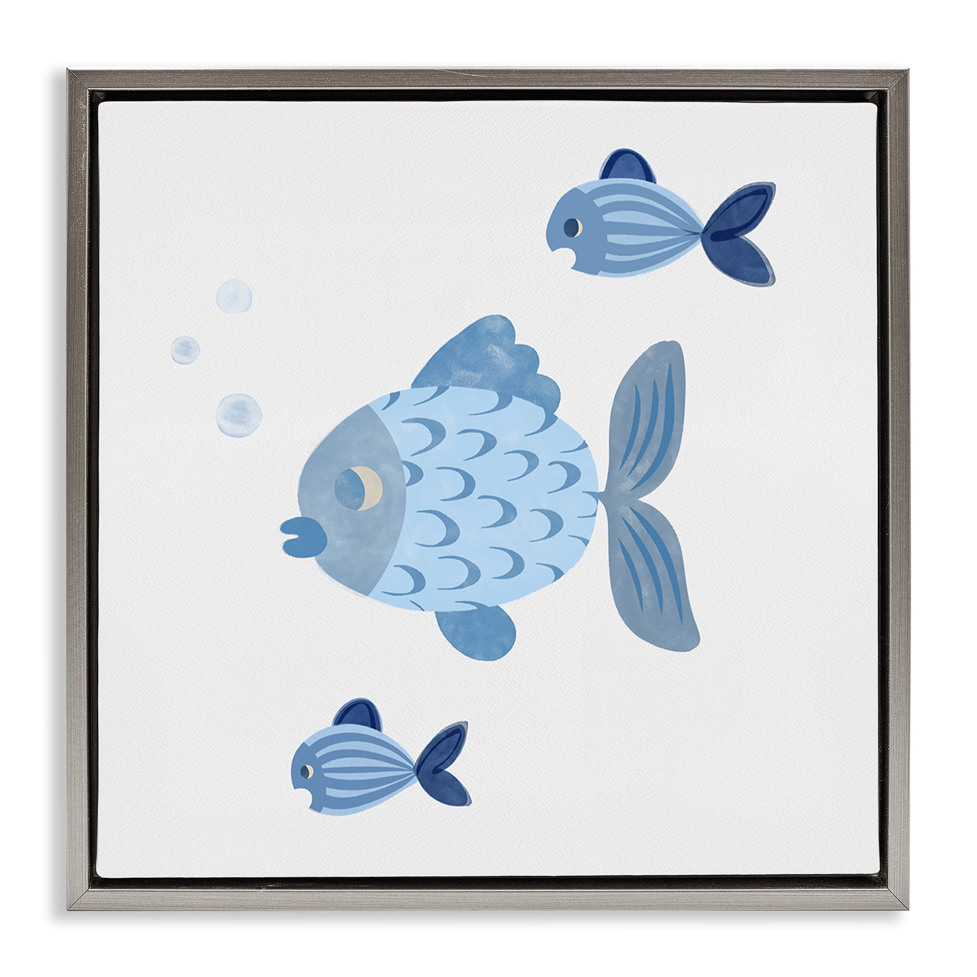 Stupell Industries Minimal Blue Fish Animals Painting Gray Floater Framed Canvas Art Print Wall Art, 18 x 18