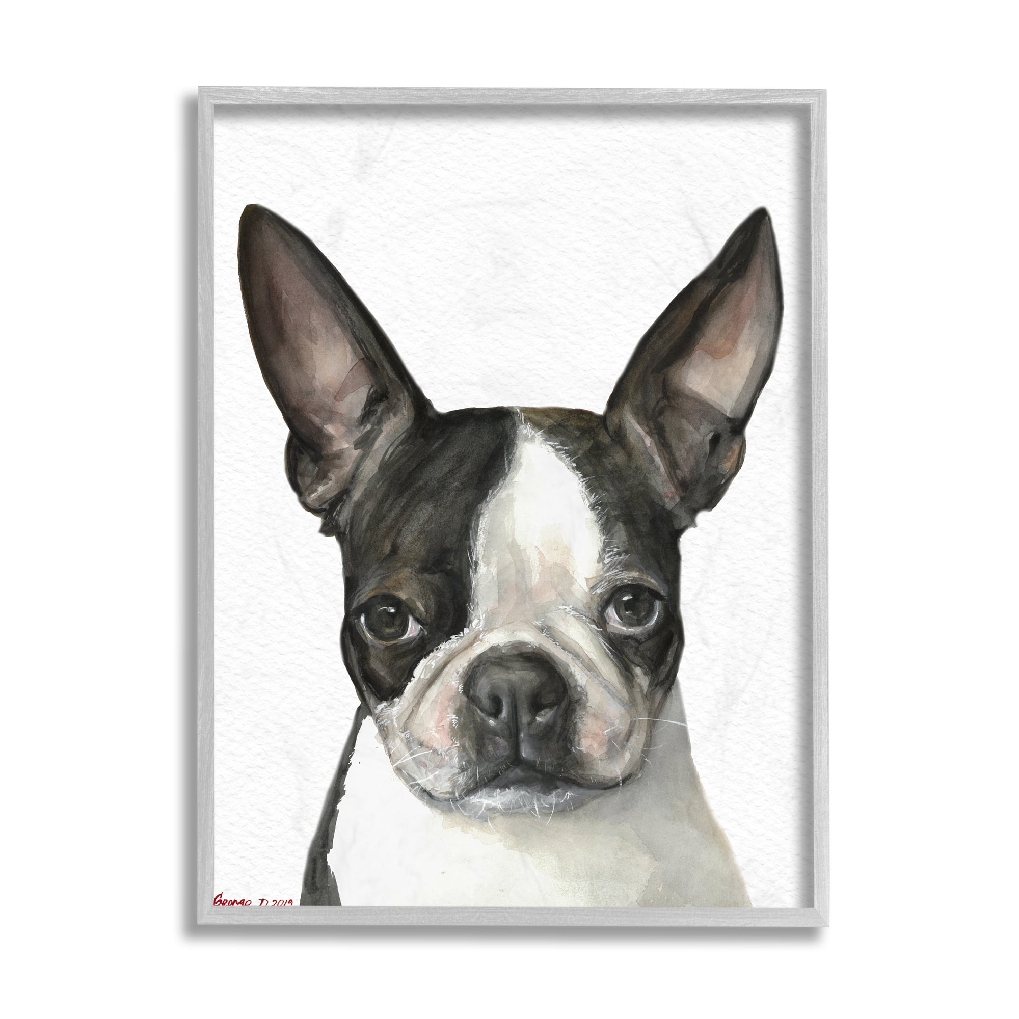 Stupell Industries Minimal Boston Terrier Portrait Pet Dog Black White Grey Framed, 11 x 14, Design by George Dyachenko
