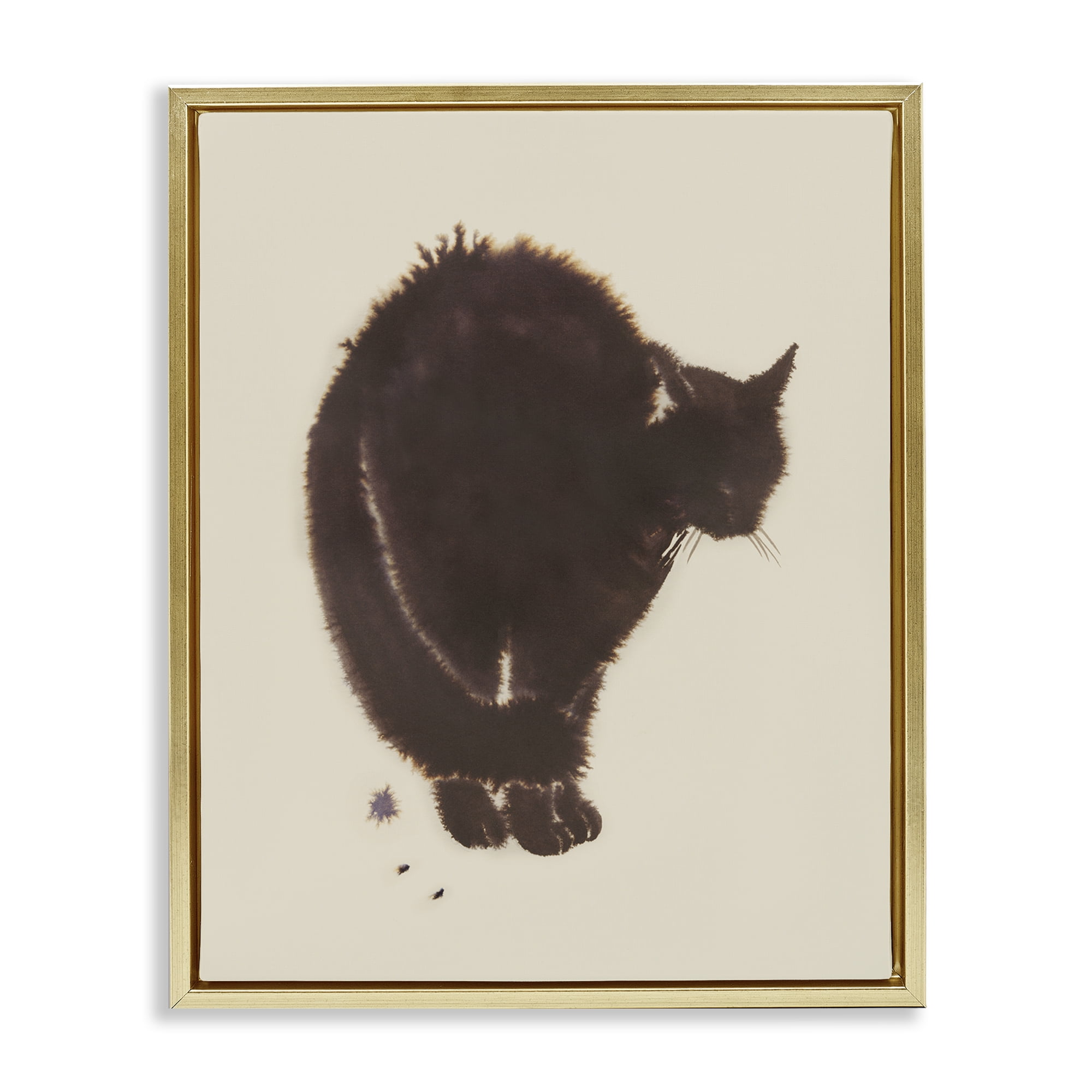 Stupell Industries Minimal Cat on Beige Animals Painting Gold Floater Framed Canvas Art Print Wall Art, 17 x 21