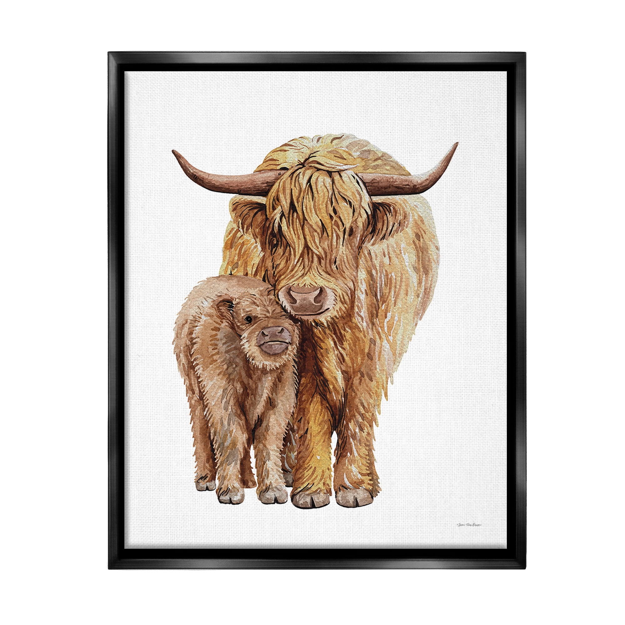 Stupell Industries Minimal Cattle & Calf Animals & Insects Painting Black Floater Framed Canvas Art Print Wall Art, 25 x 31