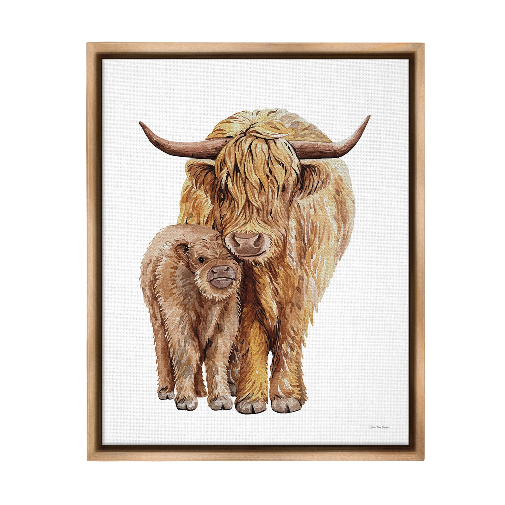 Stupell Industries Minimal Cattle & Calf Animals & Insects Painting Brown Floater Framed Canvas Art Print Wall Art, 25 x 31