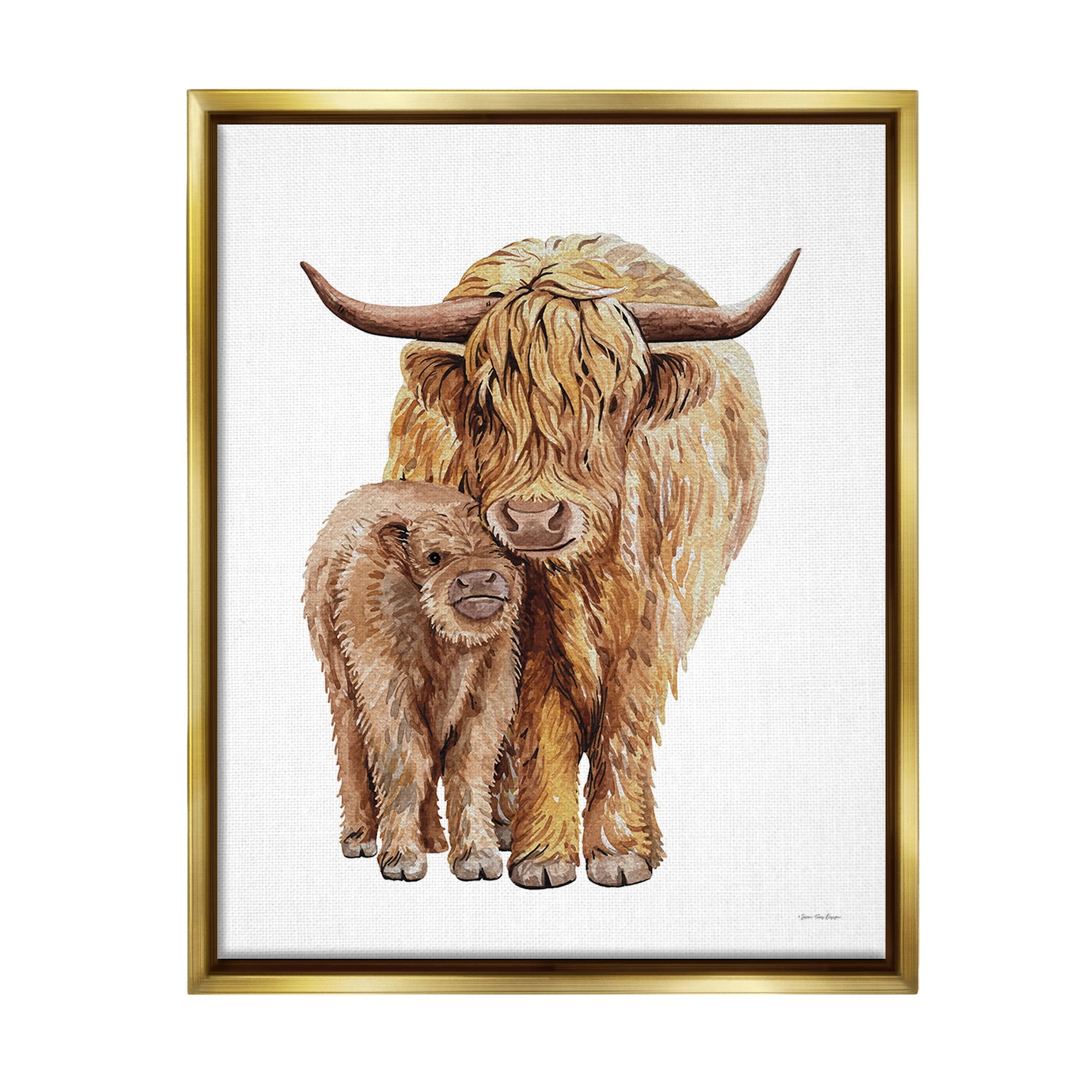 Stupell Industries Minimal Cattle & Calf Animals & Insects Painting Gold Floater Framed Canvas Art Print Wall Art, 17 x 21