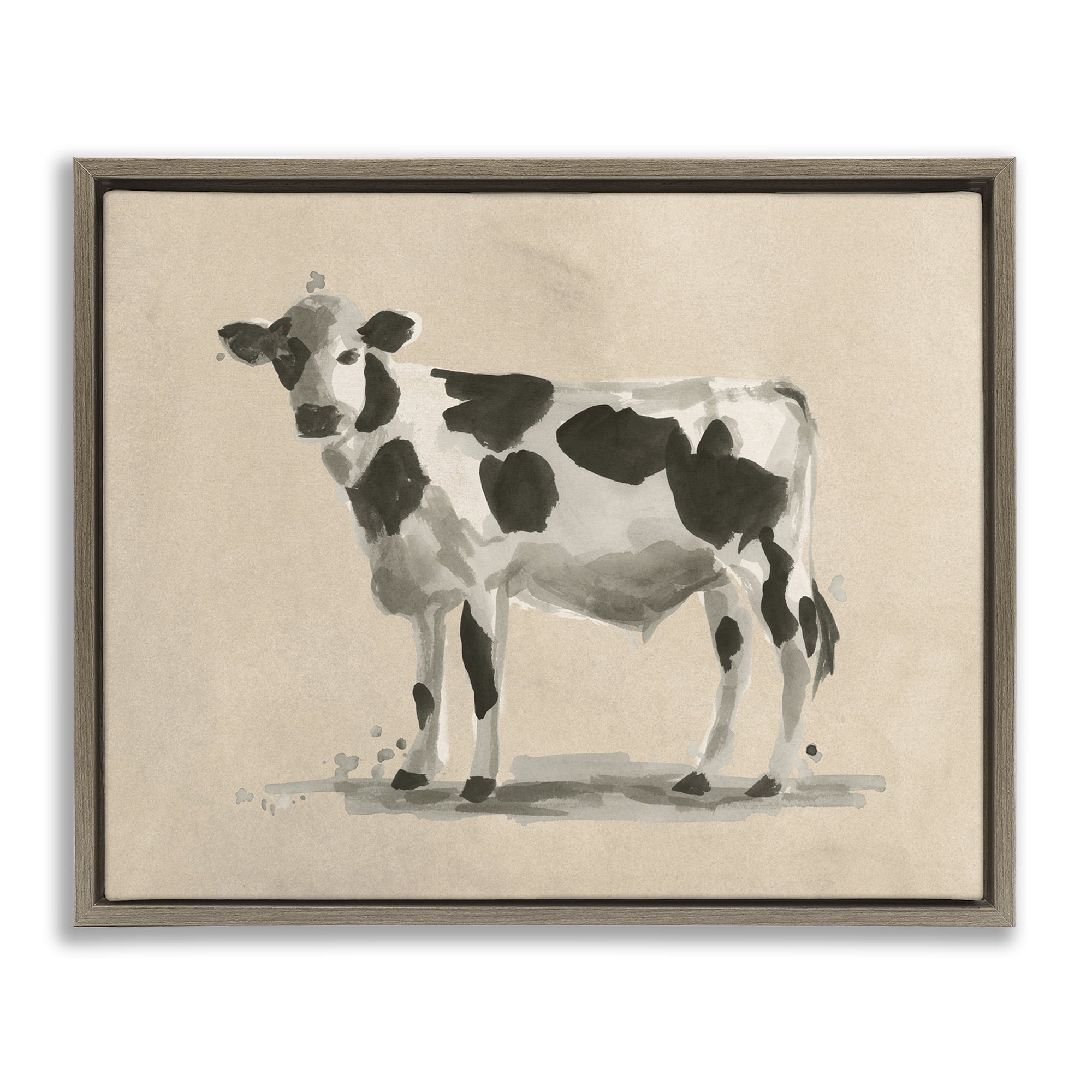 Stupell Industries Minimal Cow Painting Animals & Insects Painting Brown Floater Framed Canvas Art Print Wall Art, 21 x 17