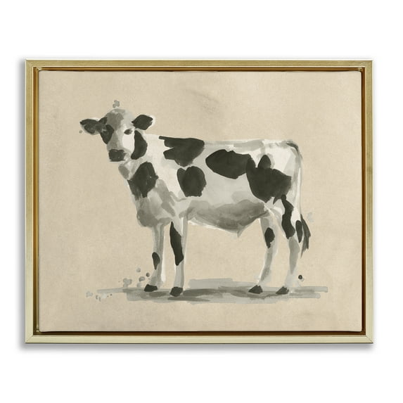 Stupell Industries Minimal Cow Painting Animals & Insects Painting Gold Floater Framed Canvas Art Print Wall Art, 21 x 17