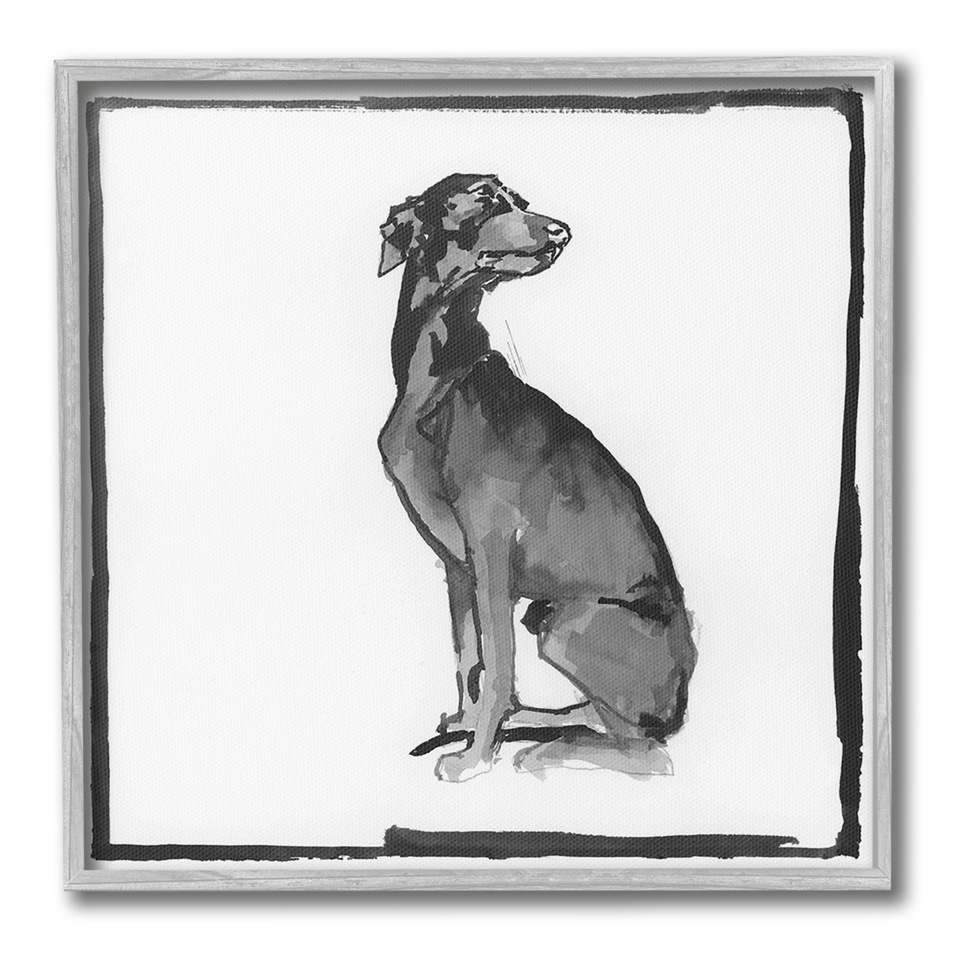 Stupell Industries Minimal Dog with Border Animals & Insects Painting Gray Framed Art Print Wall Art, 17 x 17