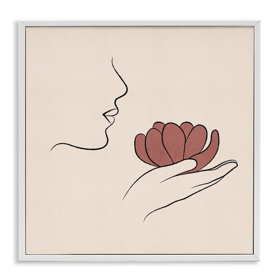 Stupell Industries Eclectic Minimal Face Profile Holding Blossom Palm Outline White Framed Giclee Art, 17 x 17, by JJ Design House LLC