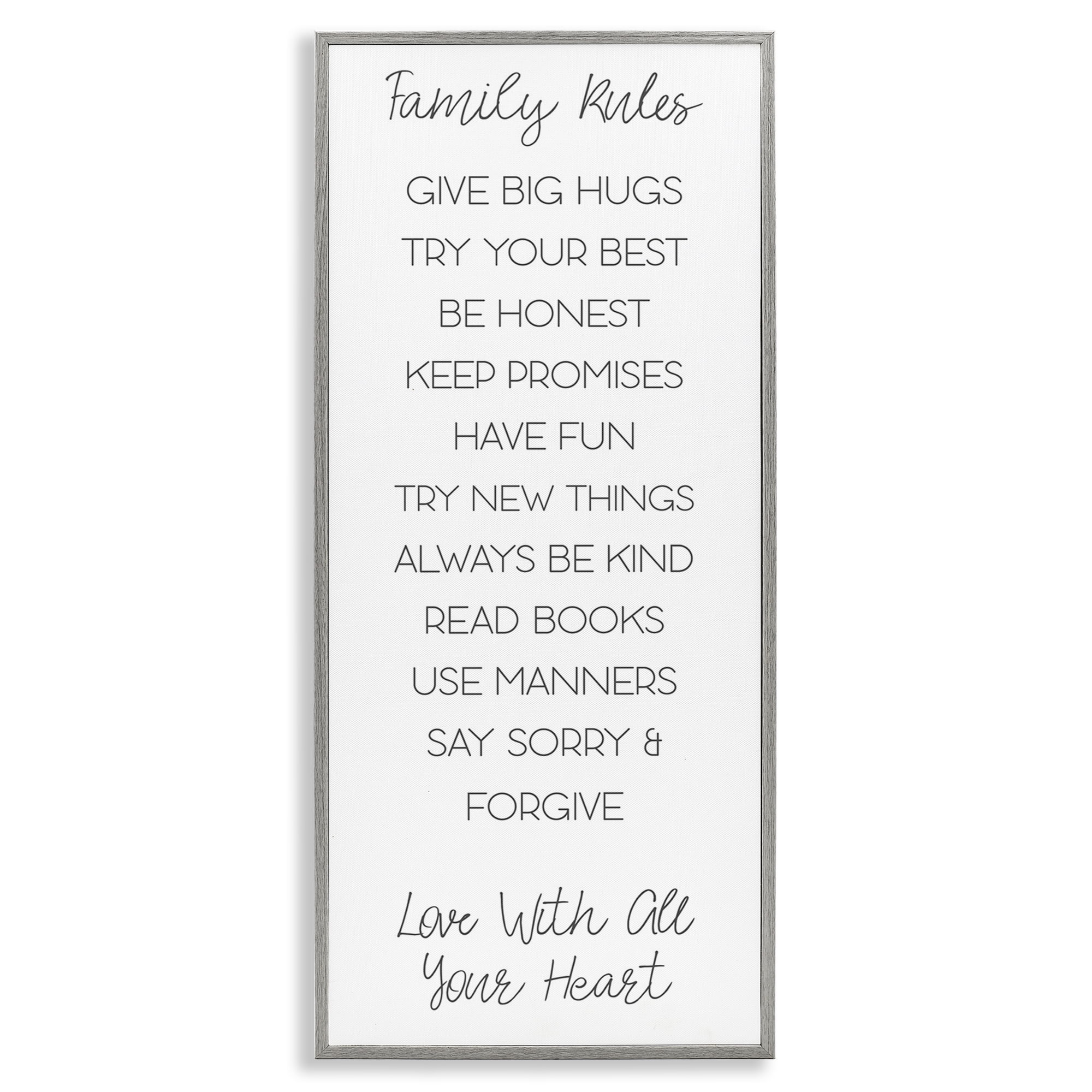 Stupell Industries Minimal Family Rules Typography Painting Gray Framed Art Print Wall Art, 13 x 30