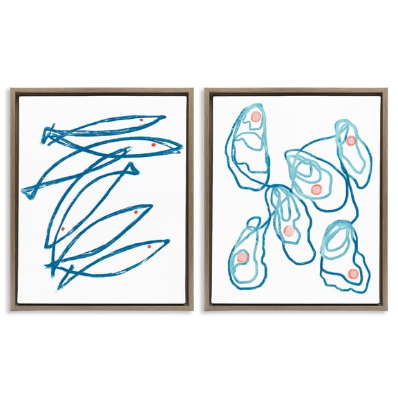 Stupell Industries Minimal Fish & Oysters 2 Piece Brown Framed Floater Canvas Set design by Lil' Rue, 21 x 17