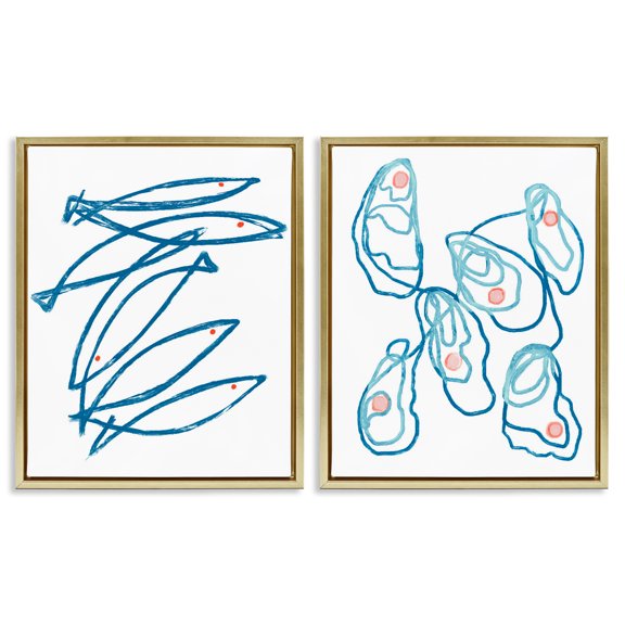 Stupell Industries Minimal Fish & Oysters 2 Piece Gold Framed Floater Canvas Set design by Lil' Rue, 21 x 17