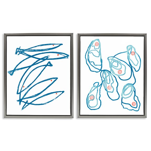 Stupell Industries Minimal Fish & Oysters 2 Piece Gray Framed Floater Canvas Set design by Lil' Rue, 21 x 17
