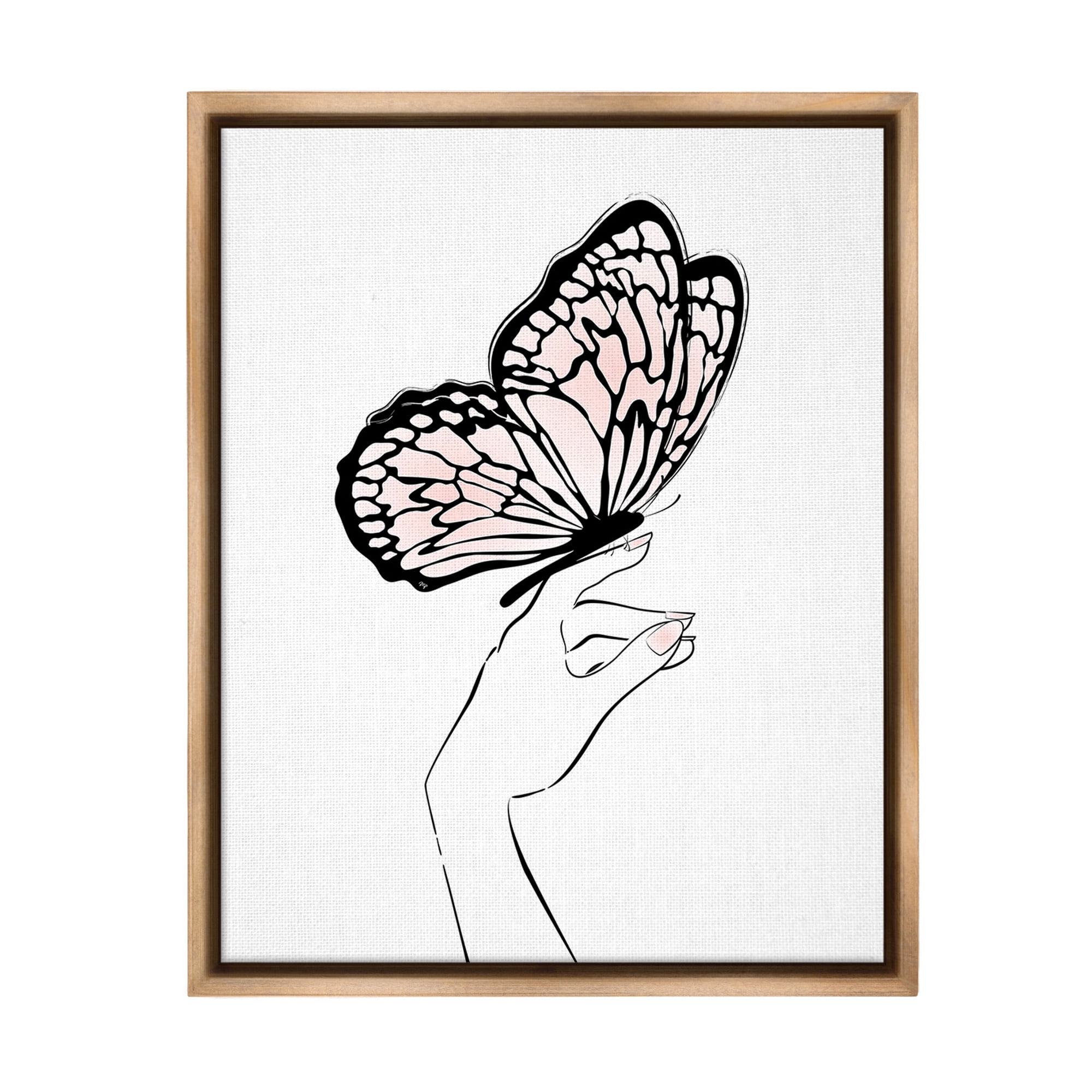Stupell Industries Minimal Hand & Butterfly Animals & Insects Painting Brown Floater Framed Canvas Art Print Wall Art, 25 x 31