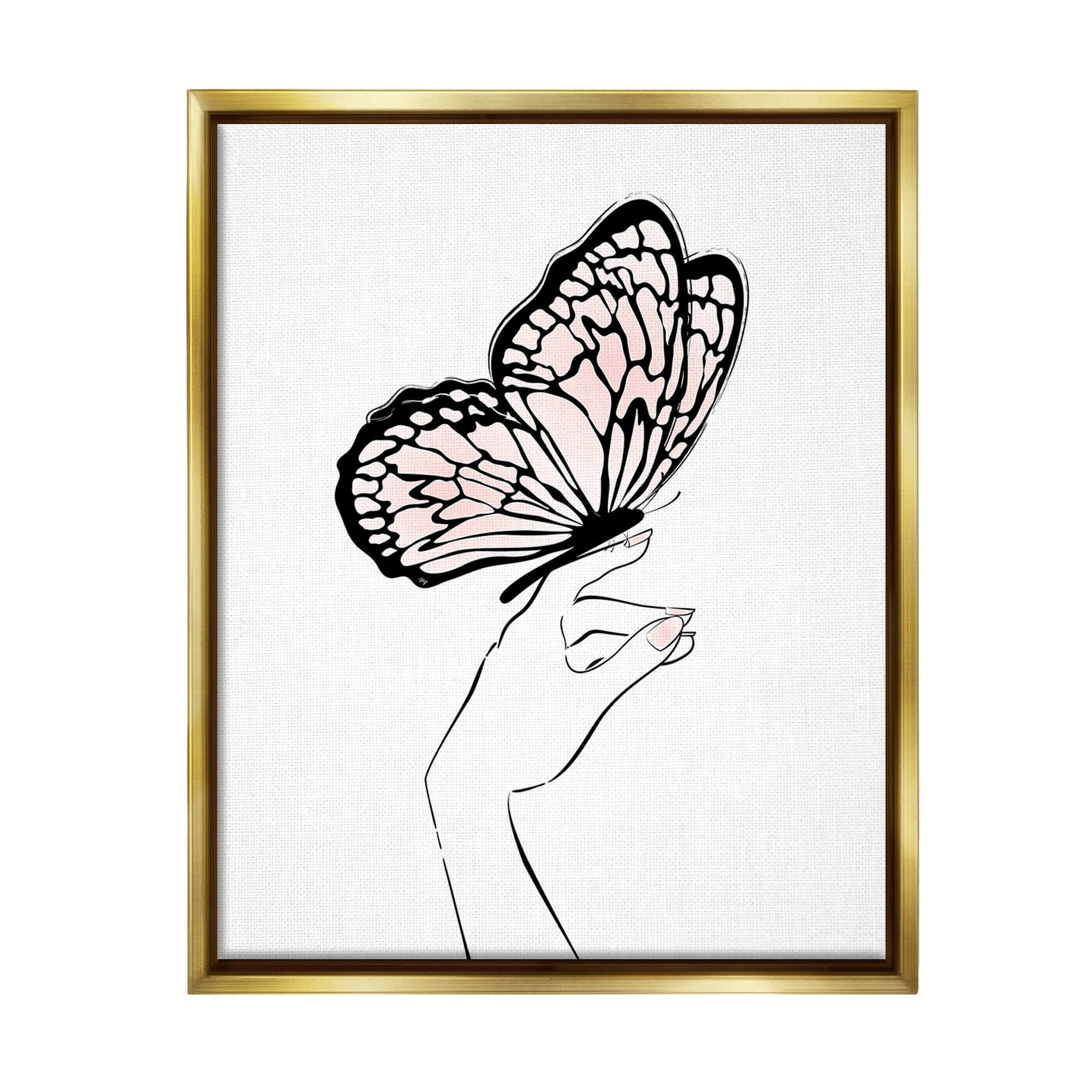 Stupell Industries Minimal Hand & Butterfly Animals & Insects Painting Gold Floater Framed Canvas Art Print Wall Art, 25 x 31