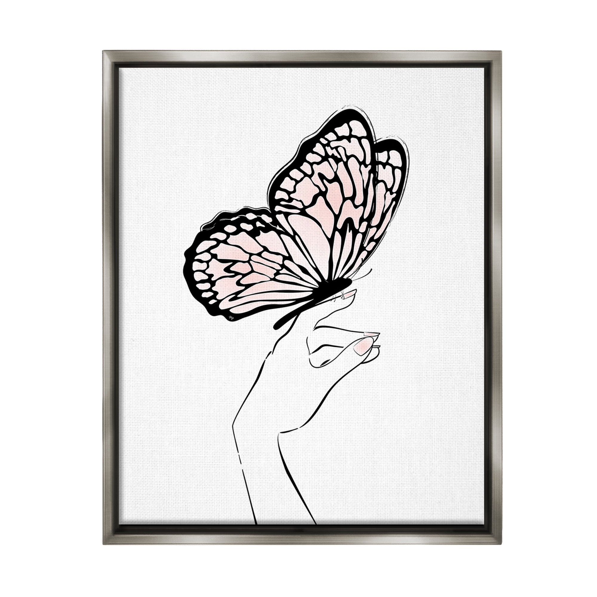 Stupell Industries Minimal Hand & Butterfly Animals & Insects Painting Gray Floater Framed Canvas Art Print Wall Art, 17 x 21