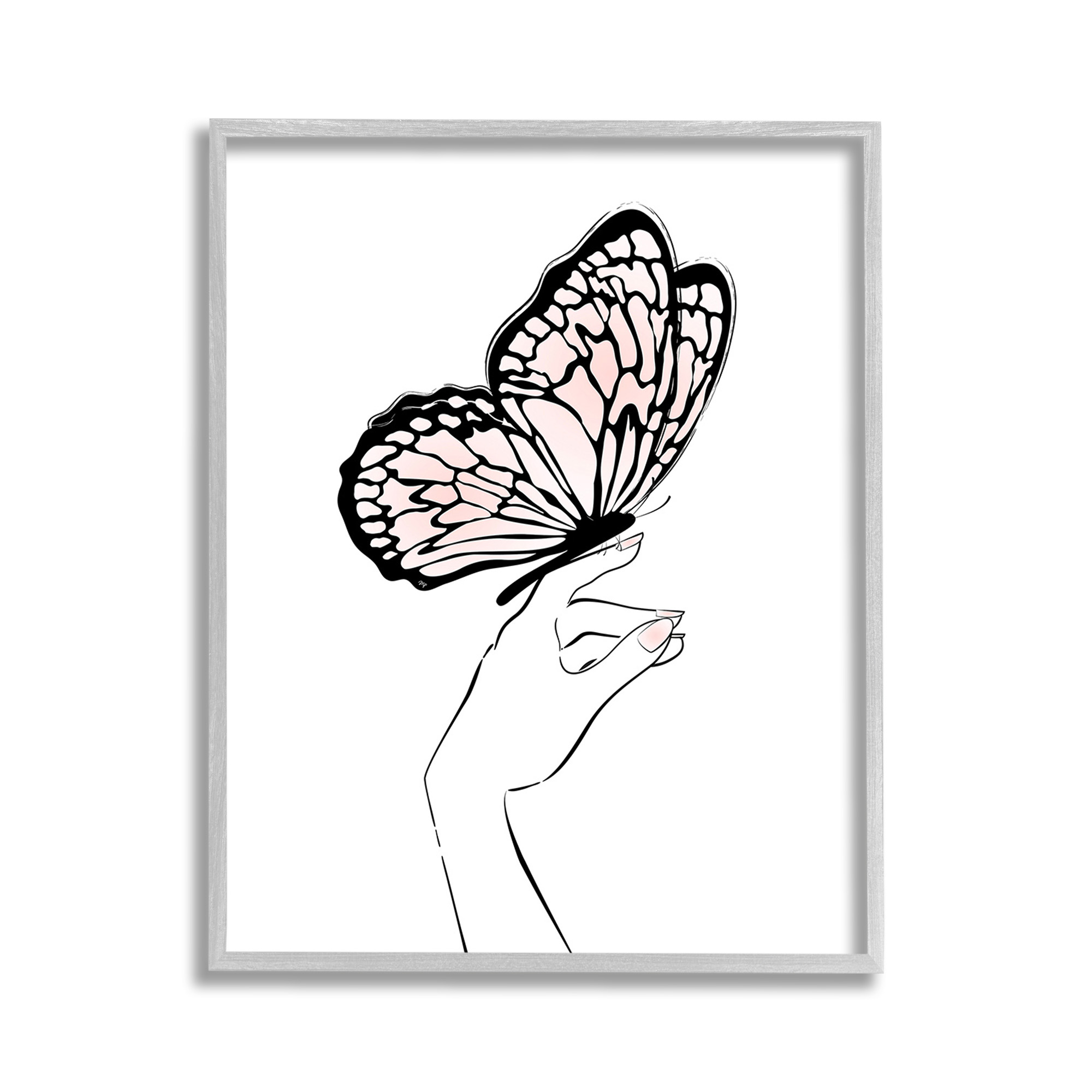 Stupell Industries Minimal Hand & Butterfly Animals & Insects Painting Gray Framed Art Print Wall Art, 11 x 14