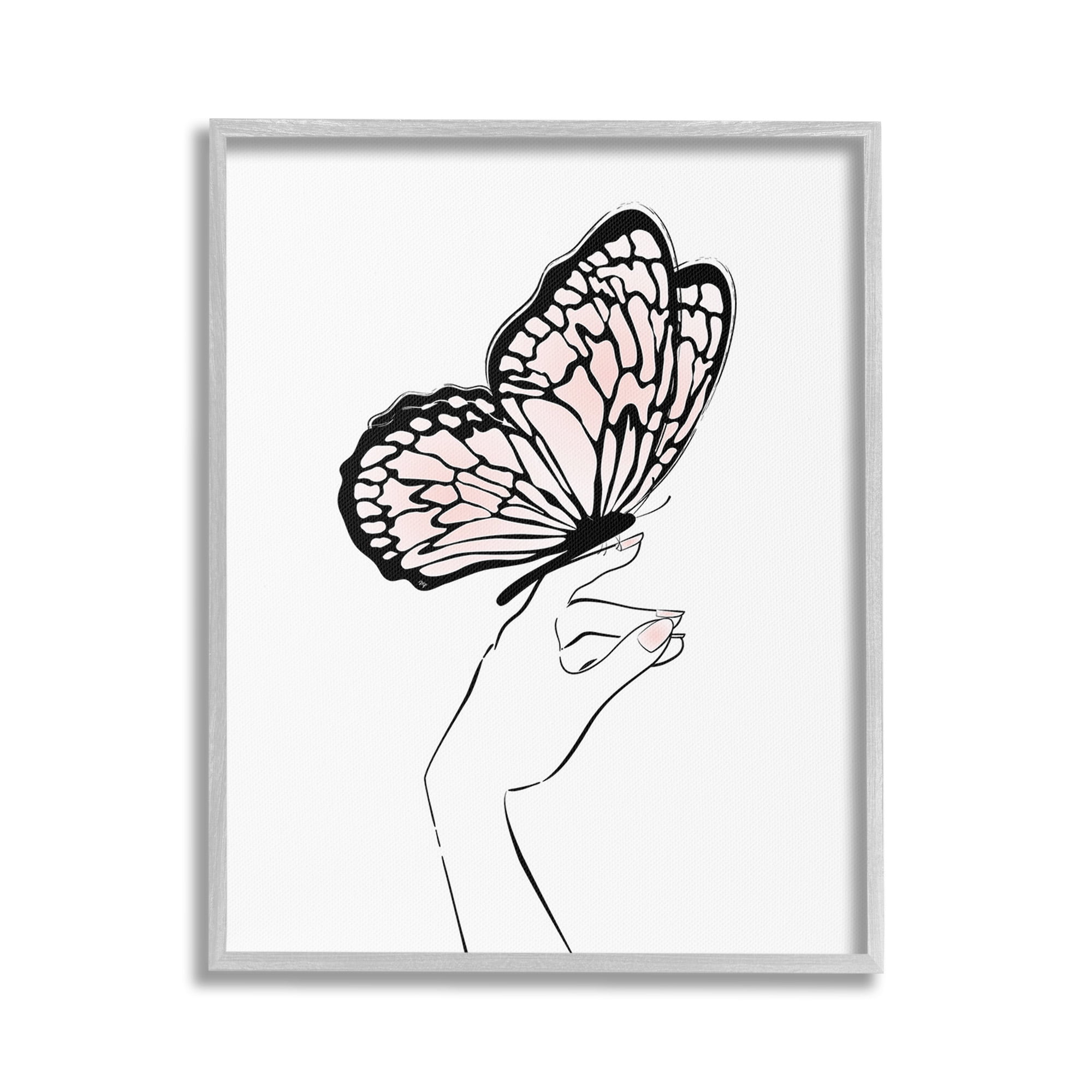 Stupell Industries Minimal Hand & Butterfly Animals & Insects Painting Gray Framed Art Print Wall Art, 24 x 30