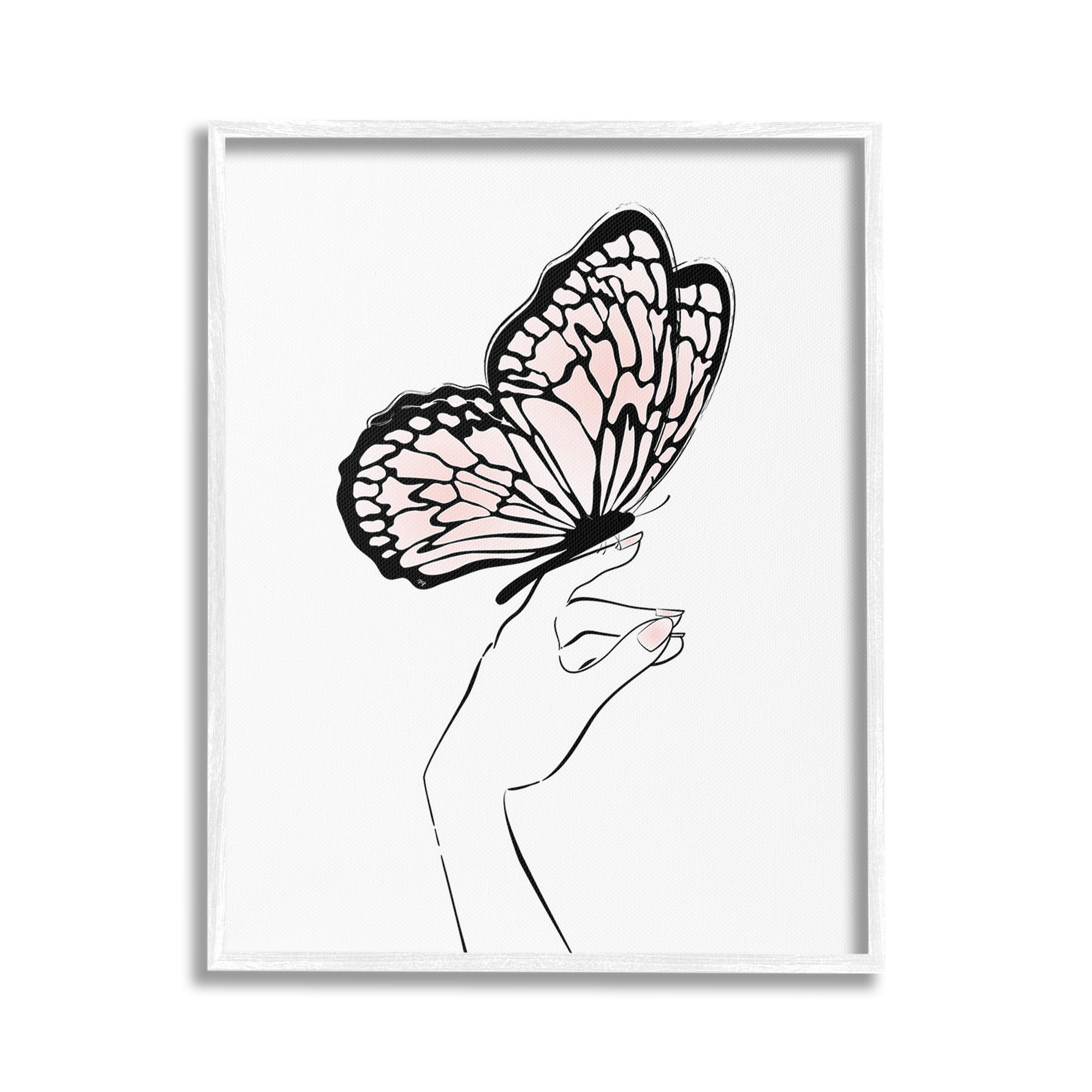Stupell Industries Minimal Hand & Butterfly Animals & Insects Painting White Framed Art Print Wall Art, 16 x 20