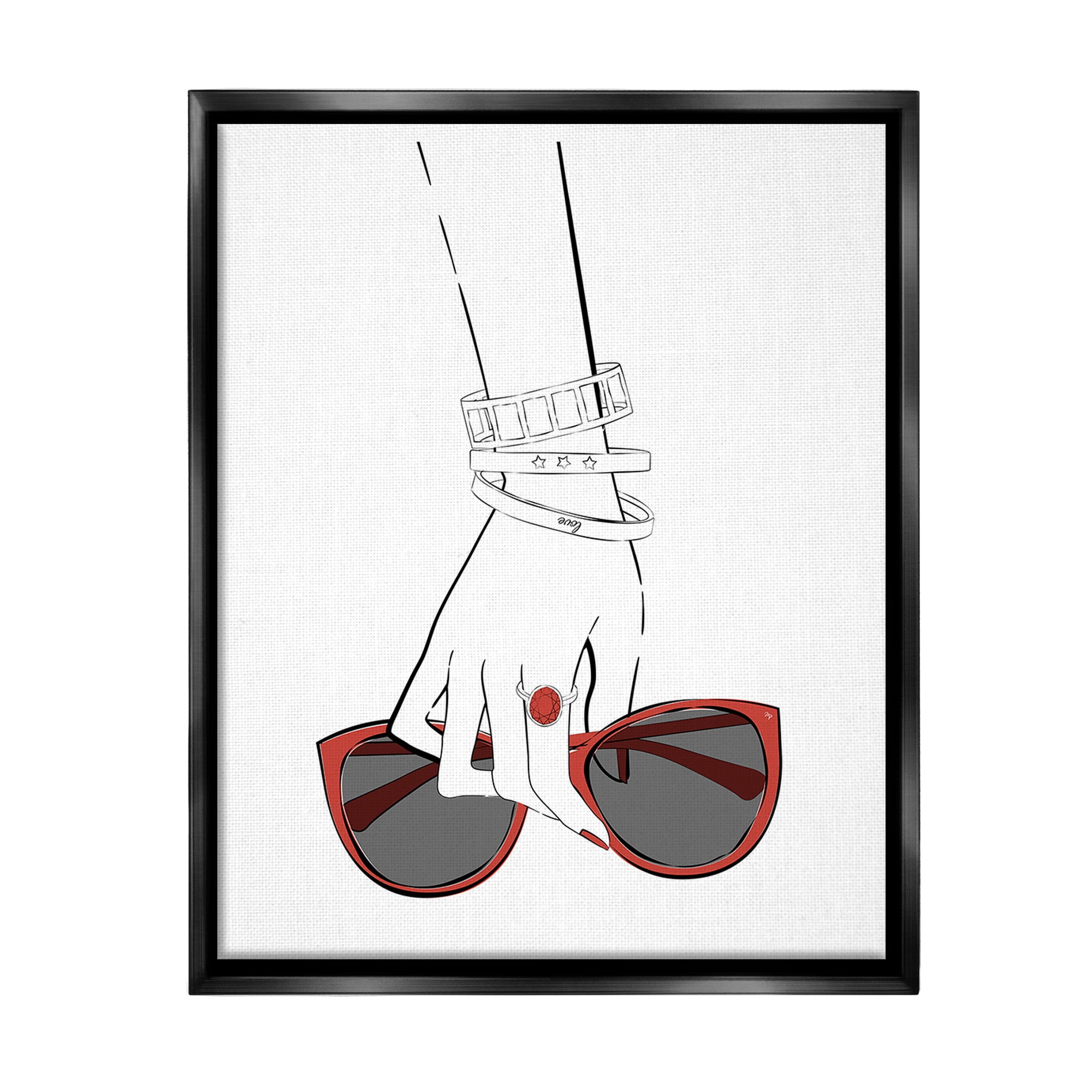 Stupell Industries Minimal Hand with Jewelry Beauty & Fashion Painting Black Floater Framed Canvas Art Print Wall Art, 17 x 21