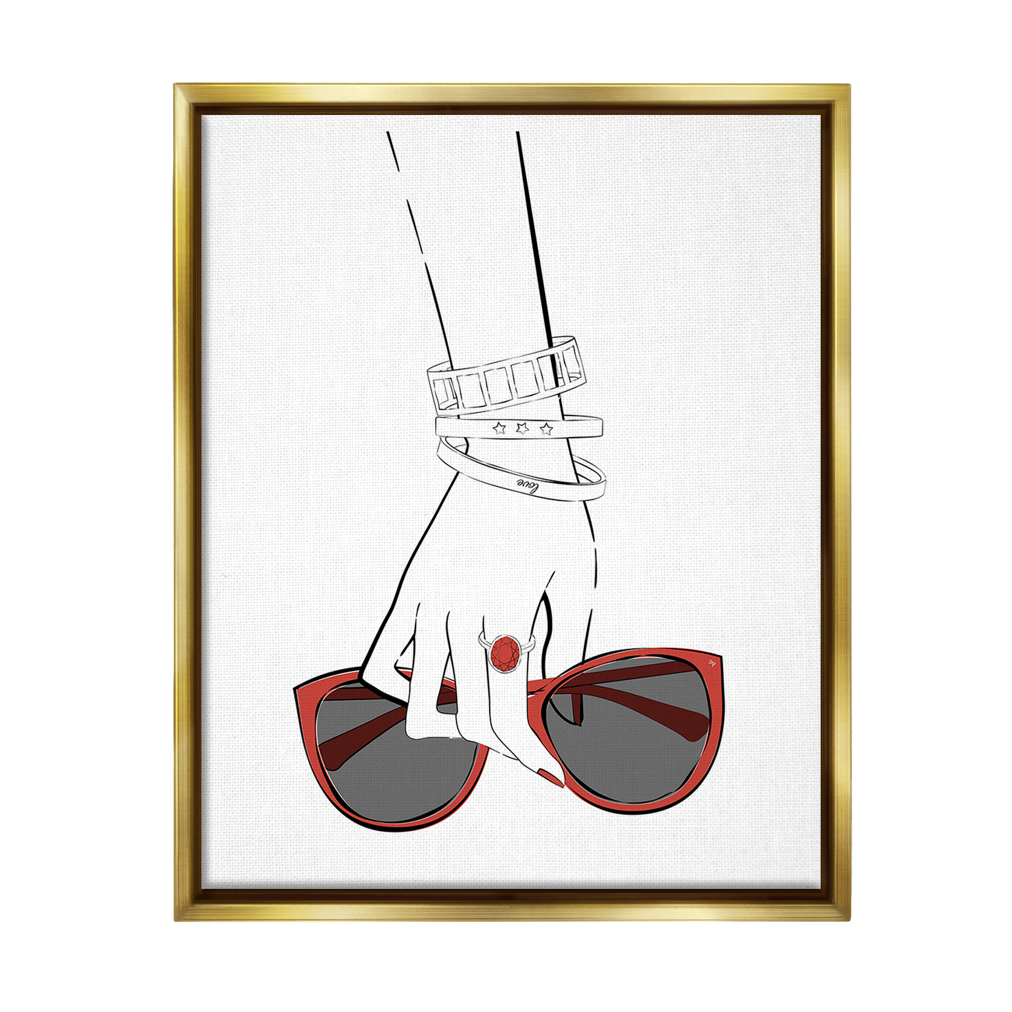 Stupell Industries Minimal Hand with Jewelry Beauty & Fashion Painting Gold Floater Framed Canvas Art Print Wall Art, 17 x 21