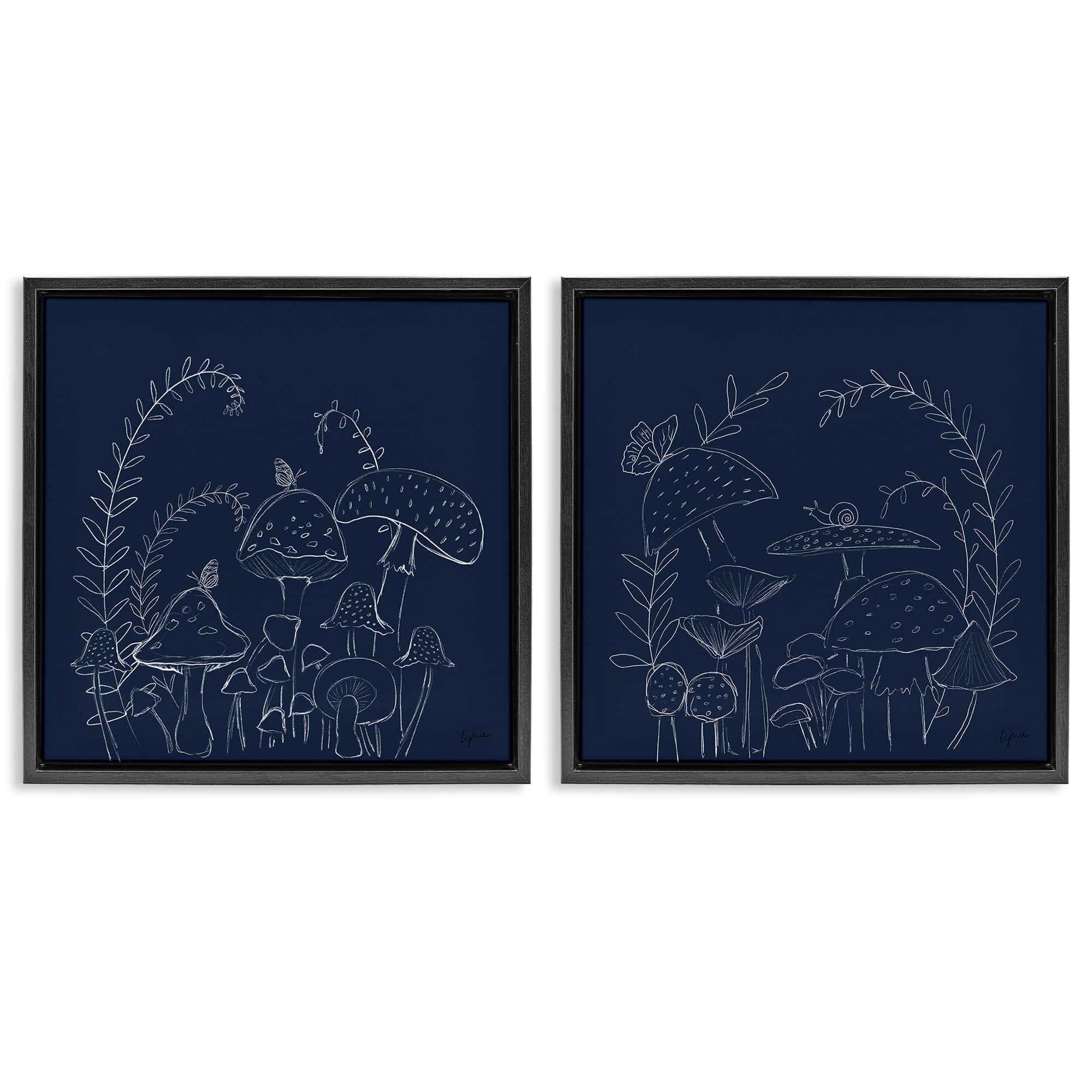 Stupell Industries Minimal Happy Mushroom Garden Floral & Botanical Painting Black Floater Framed Canvas Art Print Wall Art, 25 x 25, Set of 2