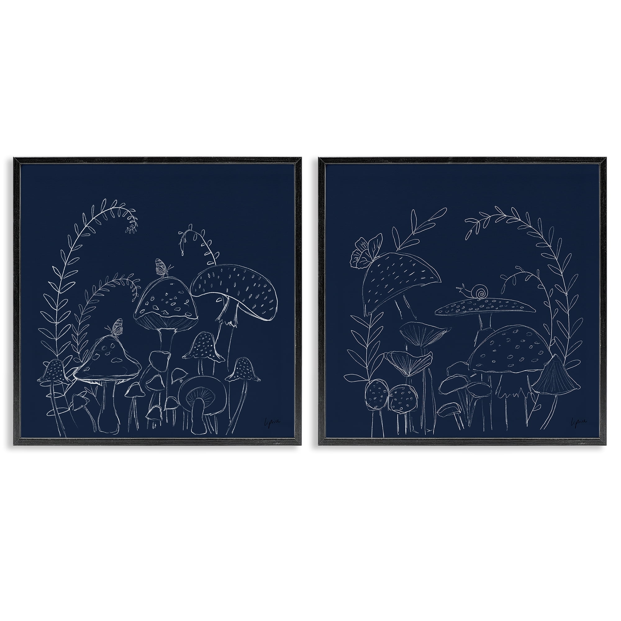 Stupell Industries Minimal Happy Mushroom Garden Floral & Botanical Painting Black Framed Art Print Wall Art, 17 x 17, Set of 2