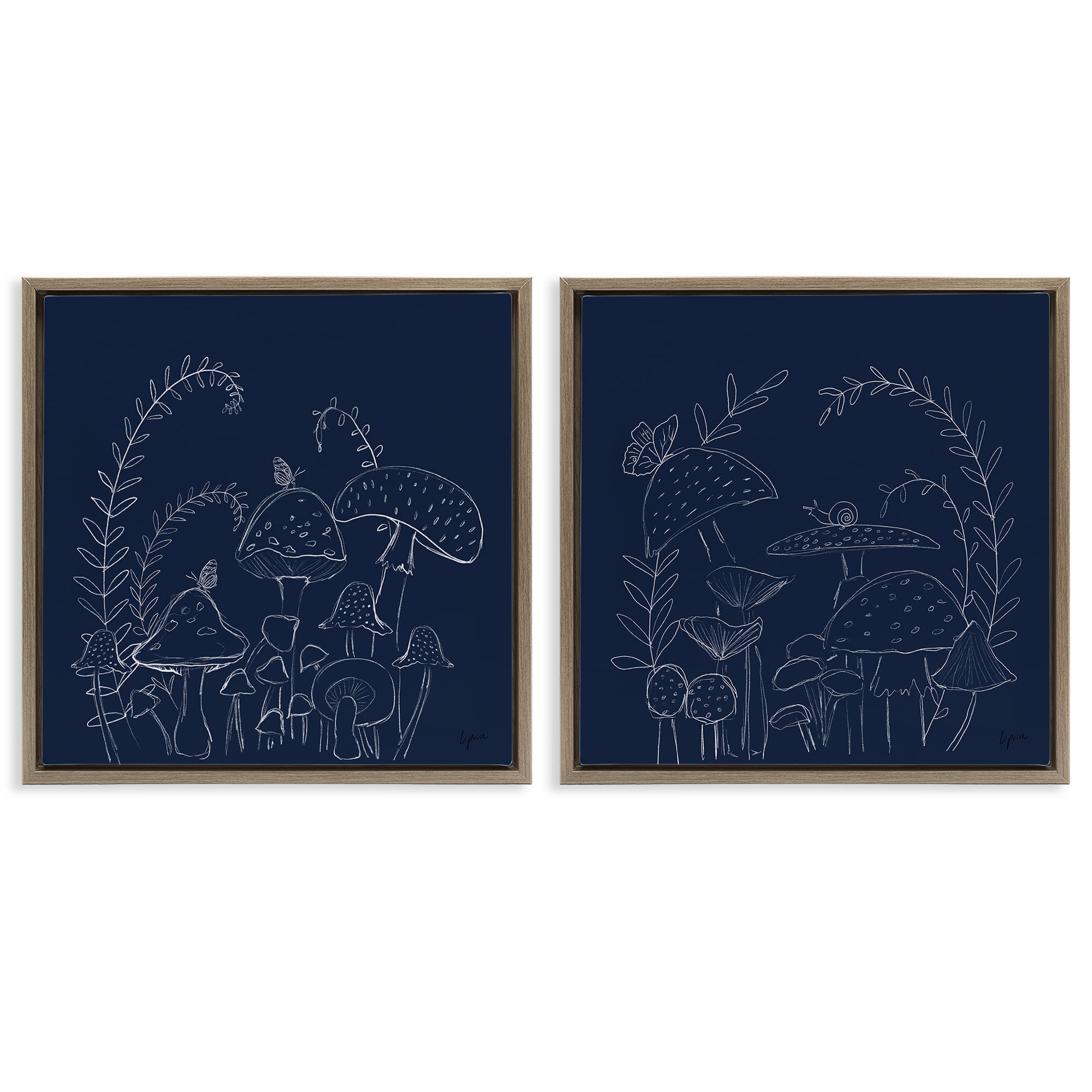 Stupell Industries Minimal Happy Mushroom Garden Floral & Botanical Painting Brown Floater Framed Canvas Art Print Wall Art, 25 x 25, Set of 2