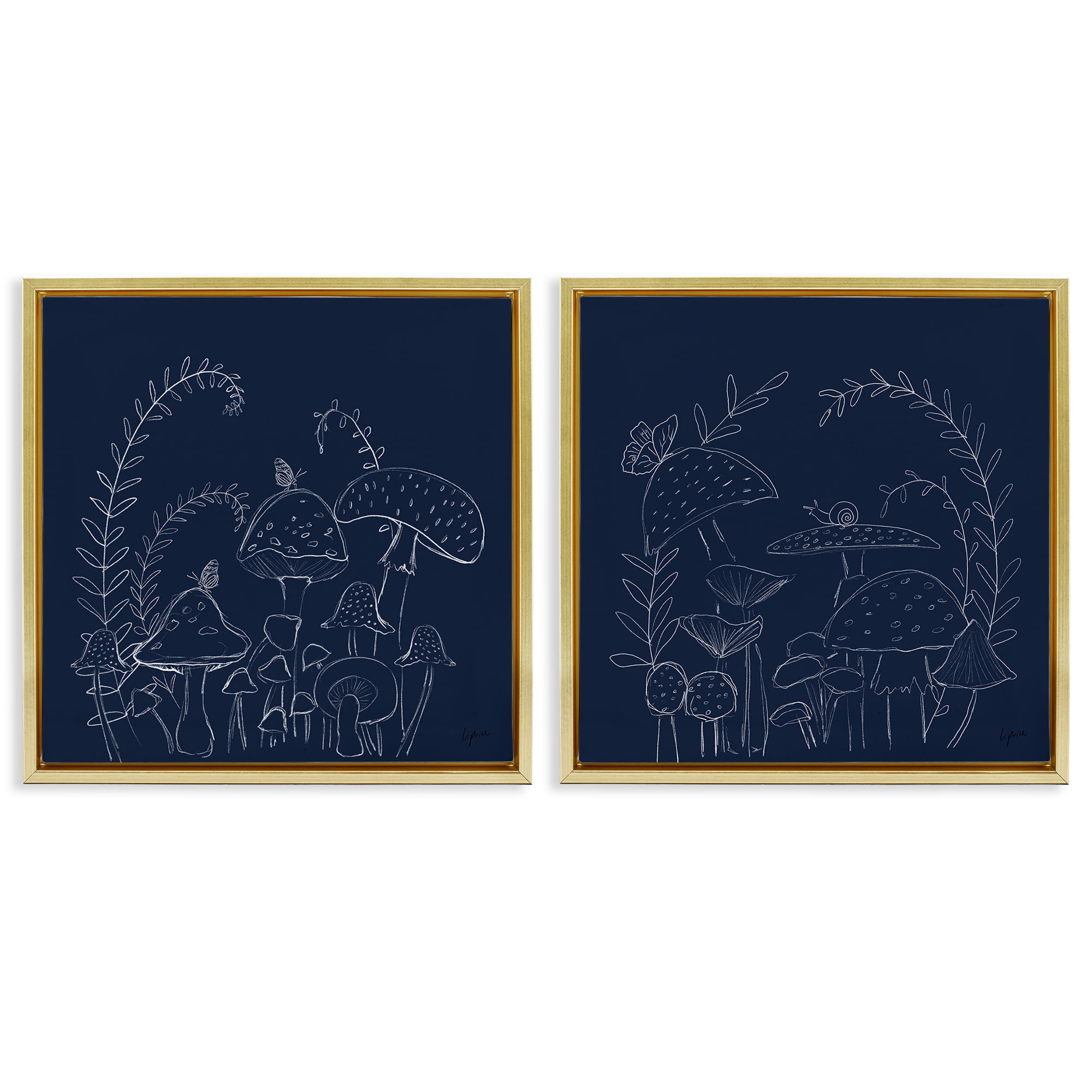 Stupell Industries Minimal Happy Mushroom Garden Floral & Botanical Painting Gold Floater Framed Canvas Art Print Wall Art, 25 x 25, Set of 2