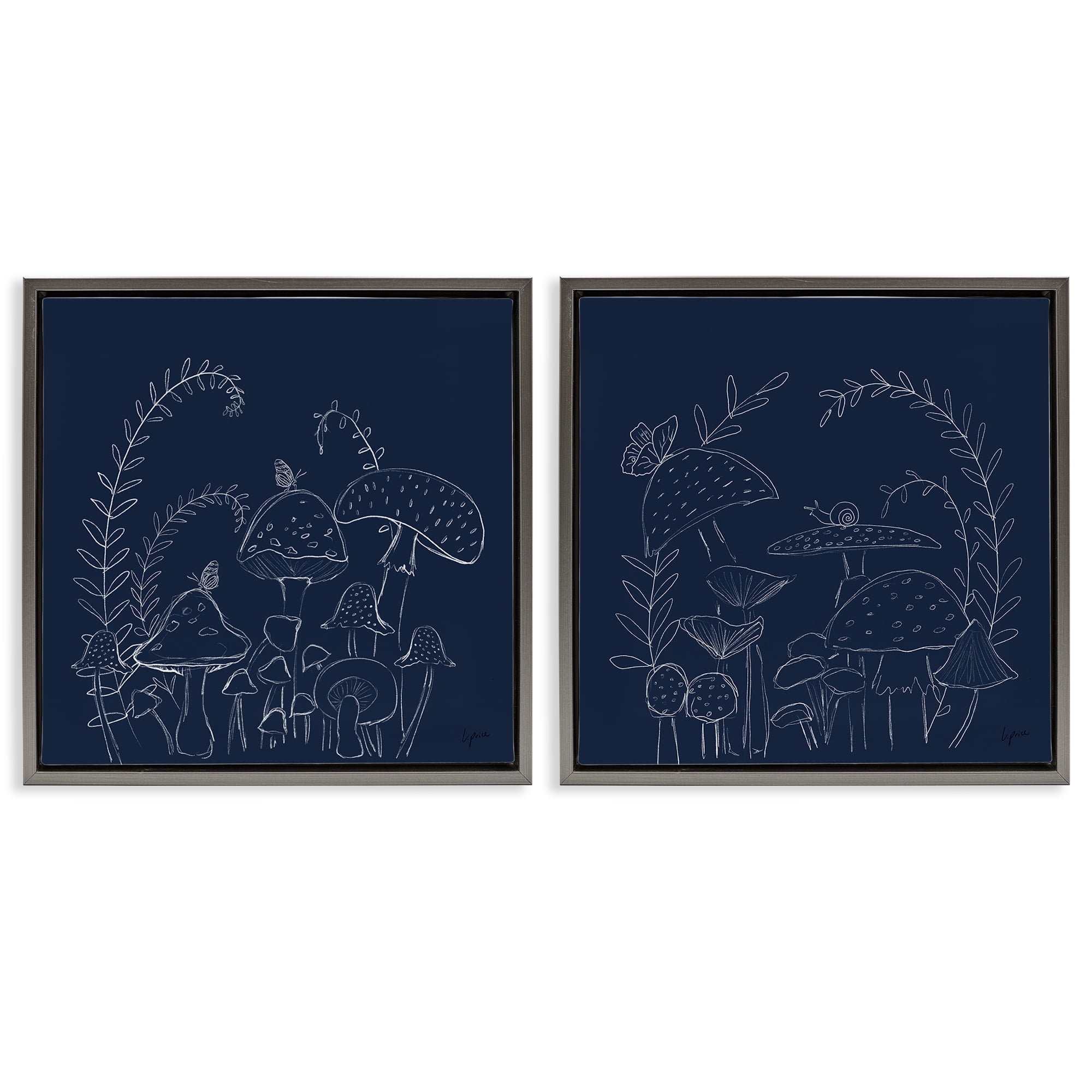 Stupell Industries Minimal Happy Mushroom Garden Floral & Botanical Painting Gray Floater Framed Canvas Art Print Wall Art, 25 x 25, Set of 2