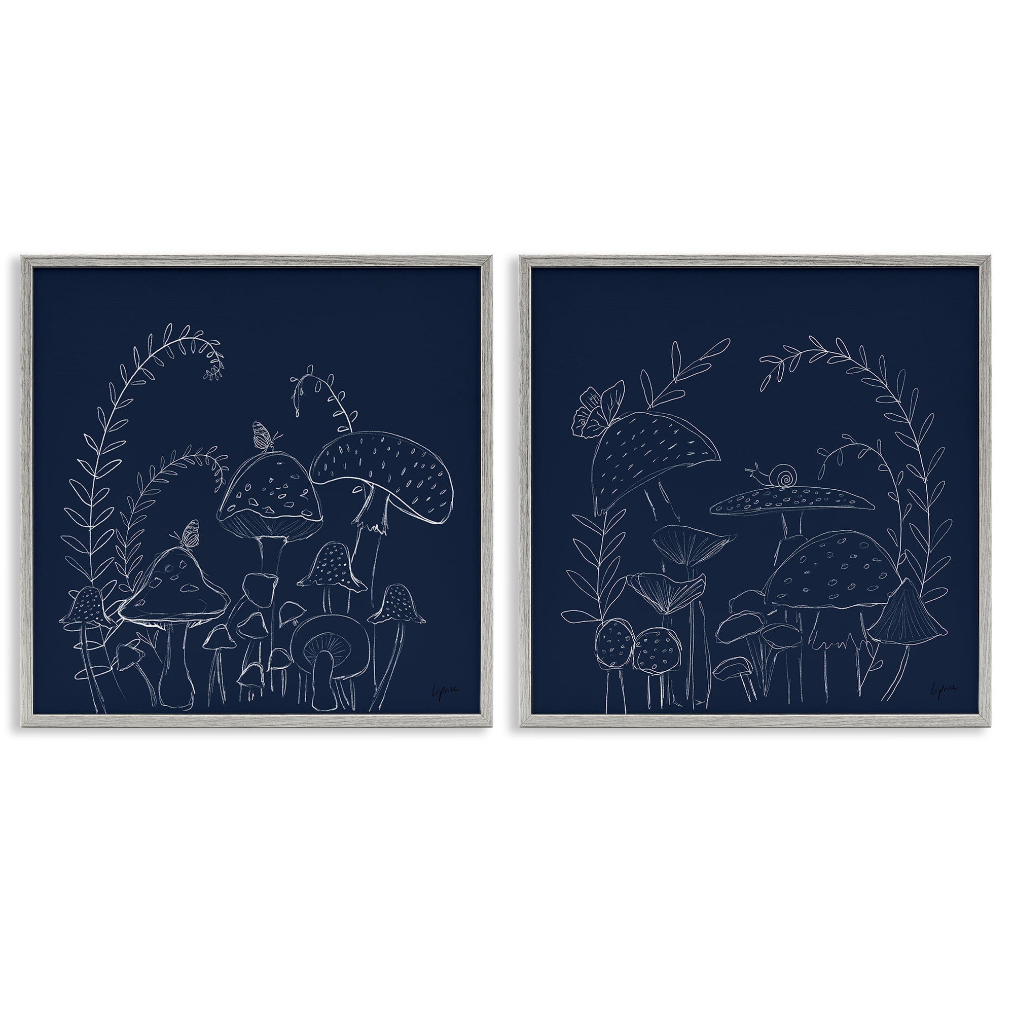 Stupell Industries Minimal Happy Mushroom Garden Floral & Botanical Painting Gray Framed Art Print Wall Art, 17 x 17, Set of 2