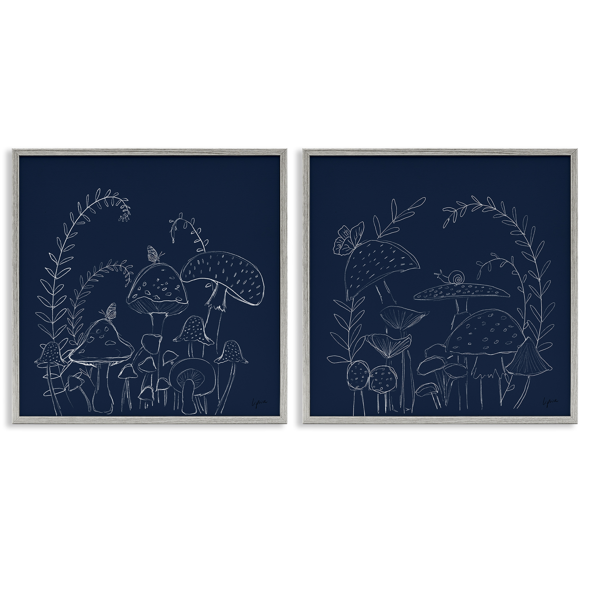 Stupell Industries Minimal Happy Mushroom Garden Floral & Botanical Painting Gray Framed Art Print Wall Art, 24 x 24, Set of 2