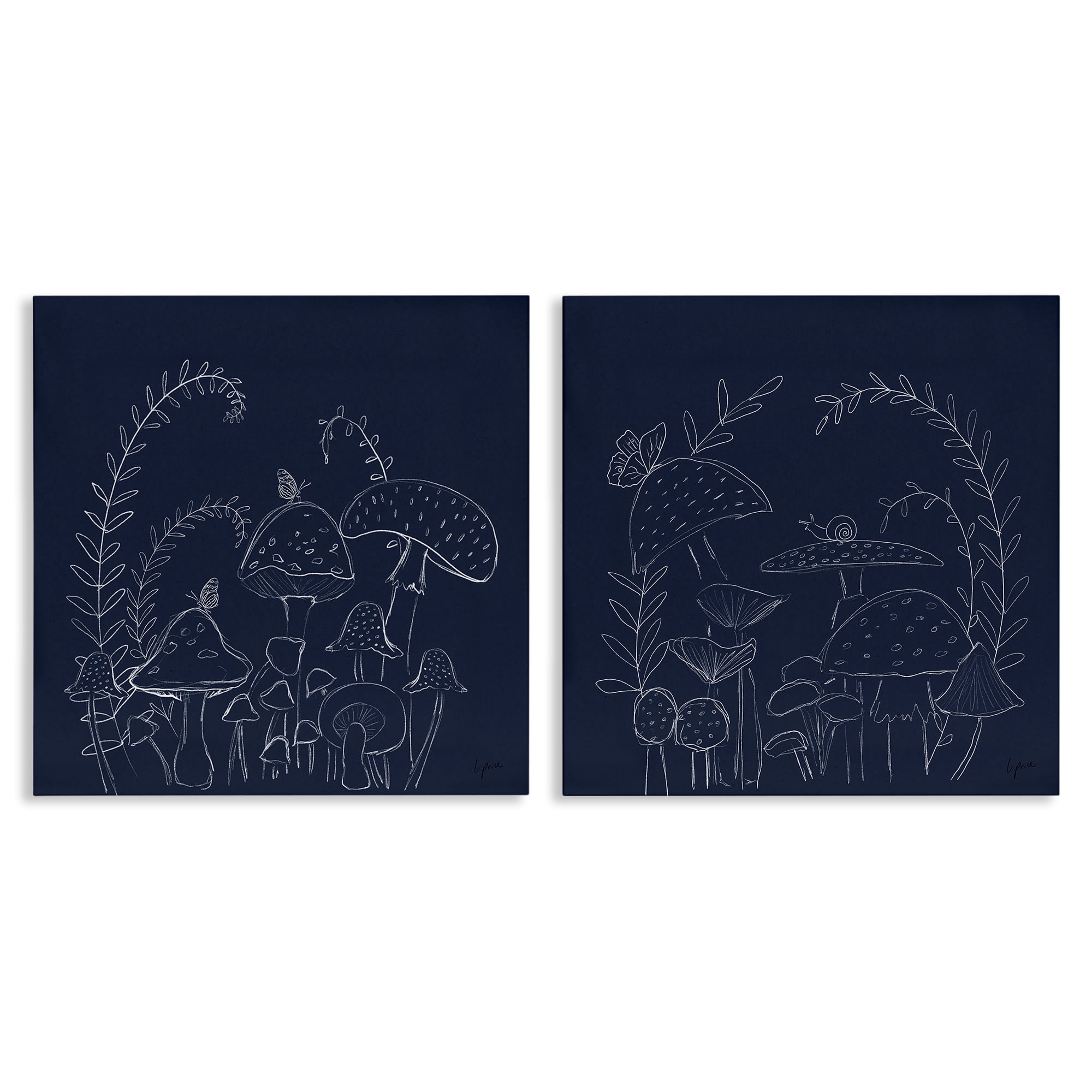 Stupell Industries Minimal Happy Mushroom Garden Floral & Botanical Painting Wrapped Canvas Art Print Wall Art, 24 x 24, Set of 2