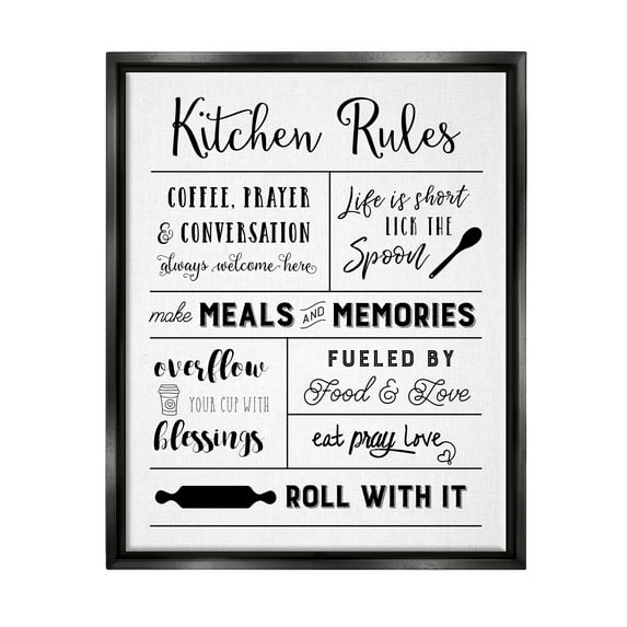 Stupell Industries Minimal Kitchen Rules Chart Food & Beverage Painting Black Floater Framed Canvas Art Print Wall Art, 17 x 21