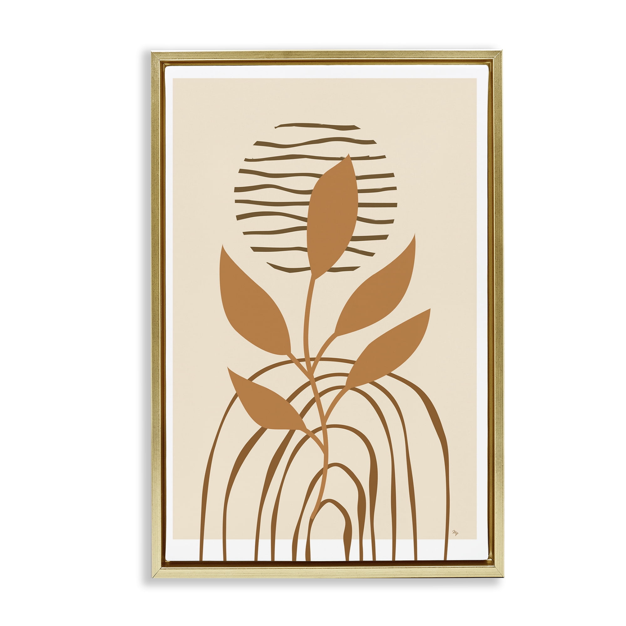 Stupell Industries Minimal Leaf Sprig Botanical & Floral Painting Gold Floater Framed Canvas Art Print Wall Art, 21 x 31